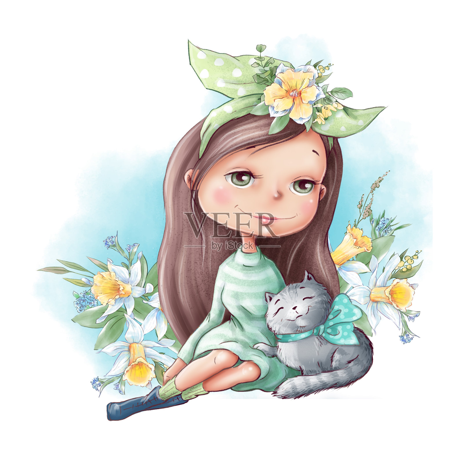 可爱的卡通女孩和小猫和朋友，与春天的花朵插画图片素材