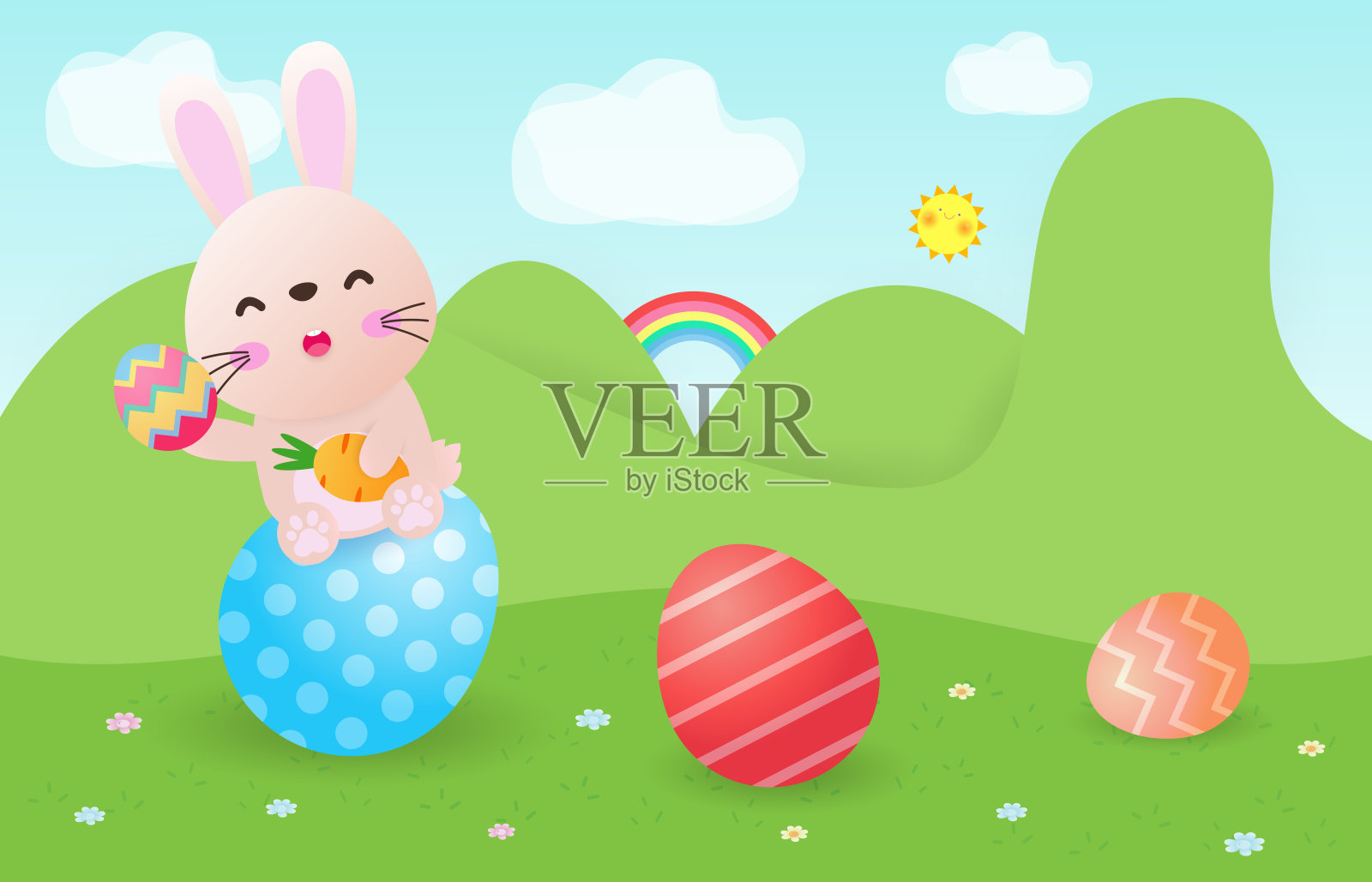 复活节快乐海报。兔子兔子和复活节彩蛋贺卡。旗帜模板孤立的背景矢量插图插画图片素材