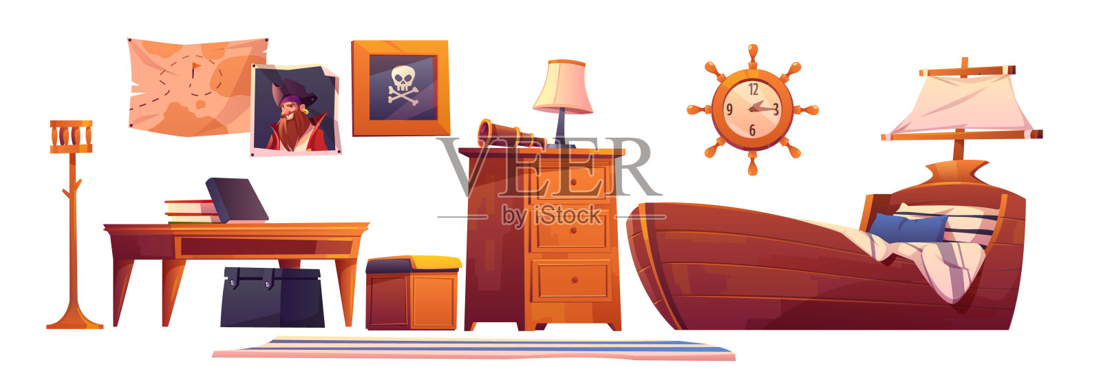 海盗婴儿房内部设置，主题家具插画图片素材