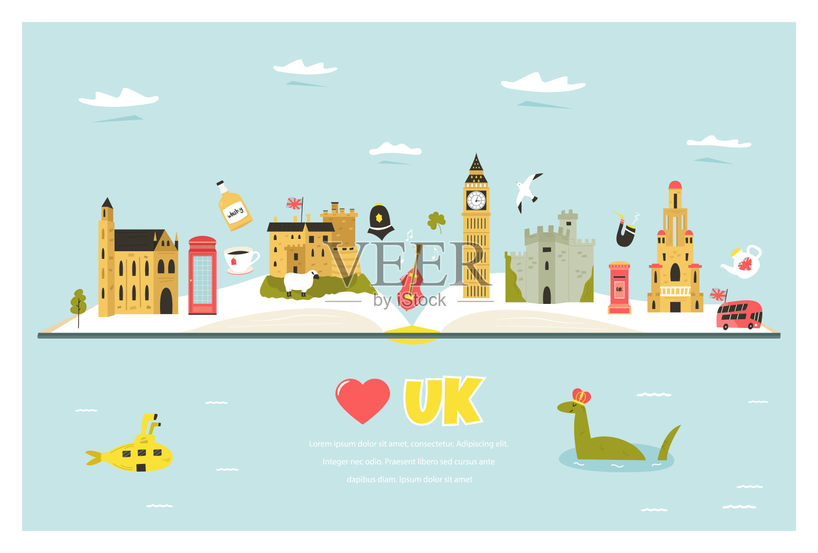 旅游海报与著名的目的地和地标的英国伦敦，曼彻斯特，爱丁堡，伦敦。探索英国抽象设计。用于横幅，旅游指南，印刷品插画图片素材
