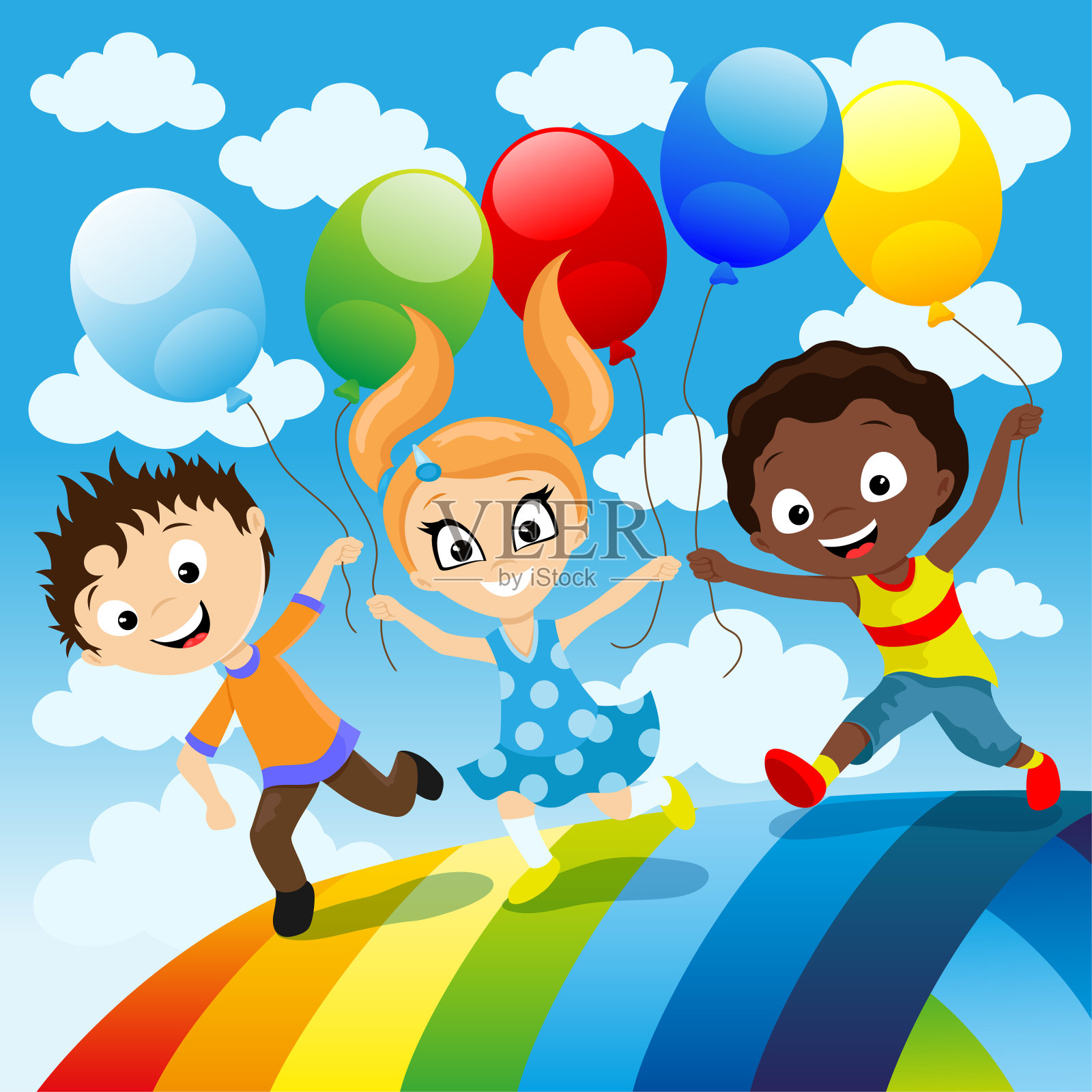 快乐的孩子们拿着气球。插画图片素材