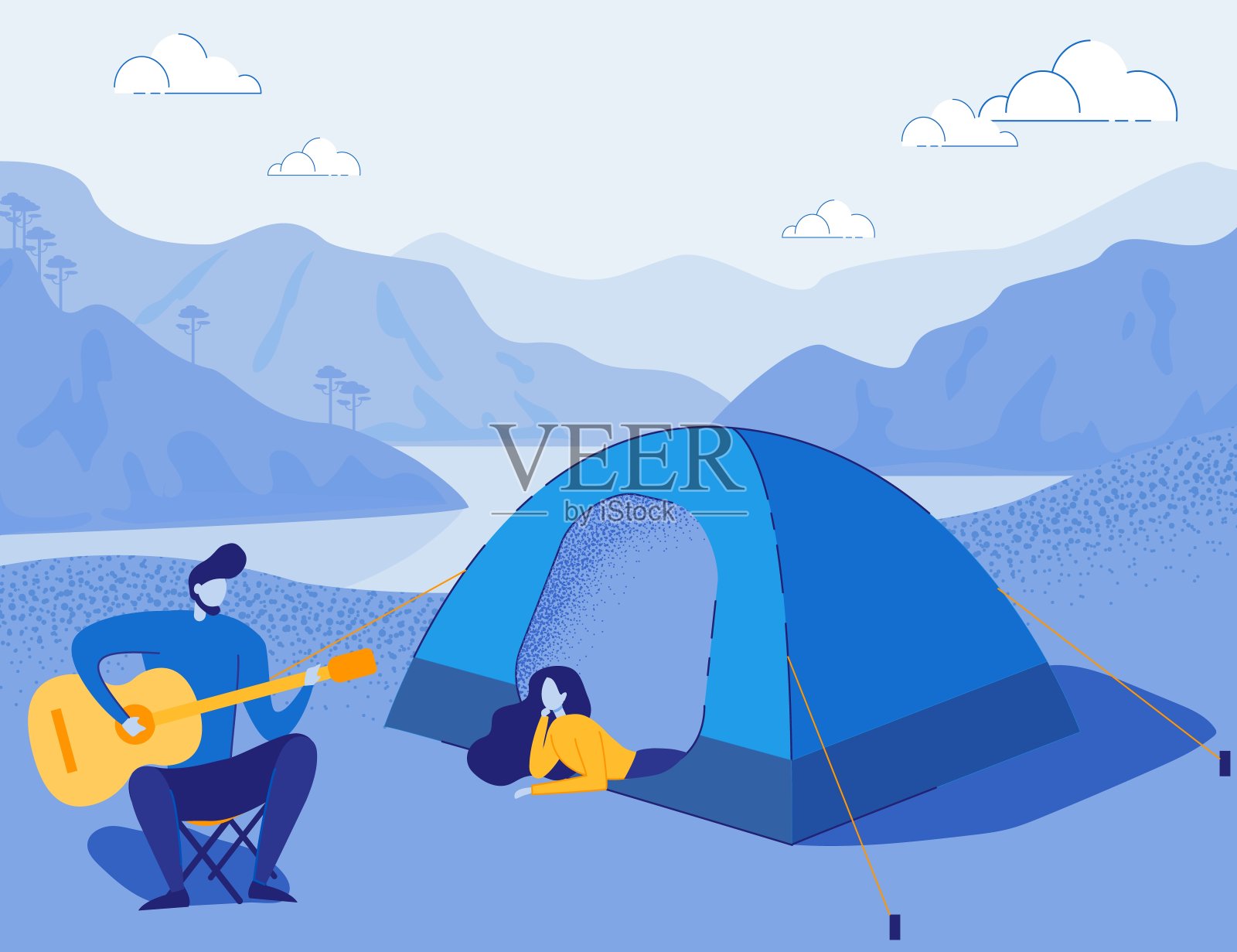 矢量年轻夫妇在露营地点在山区插画图片素材