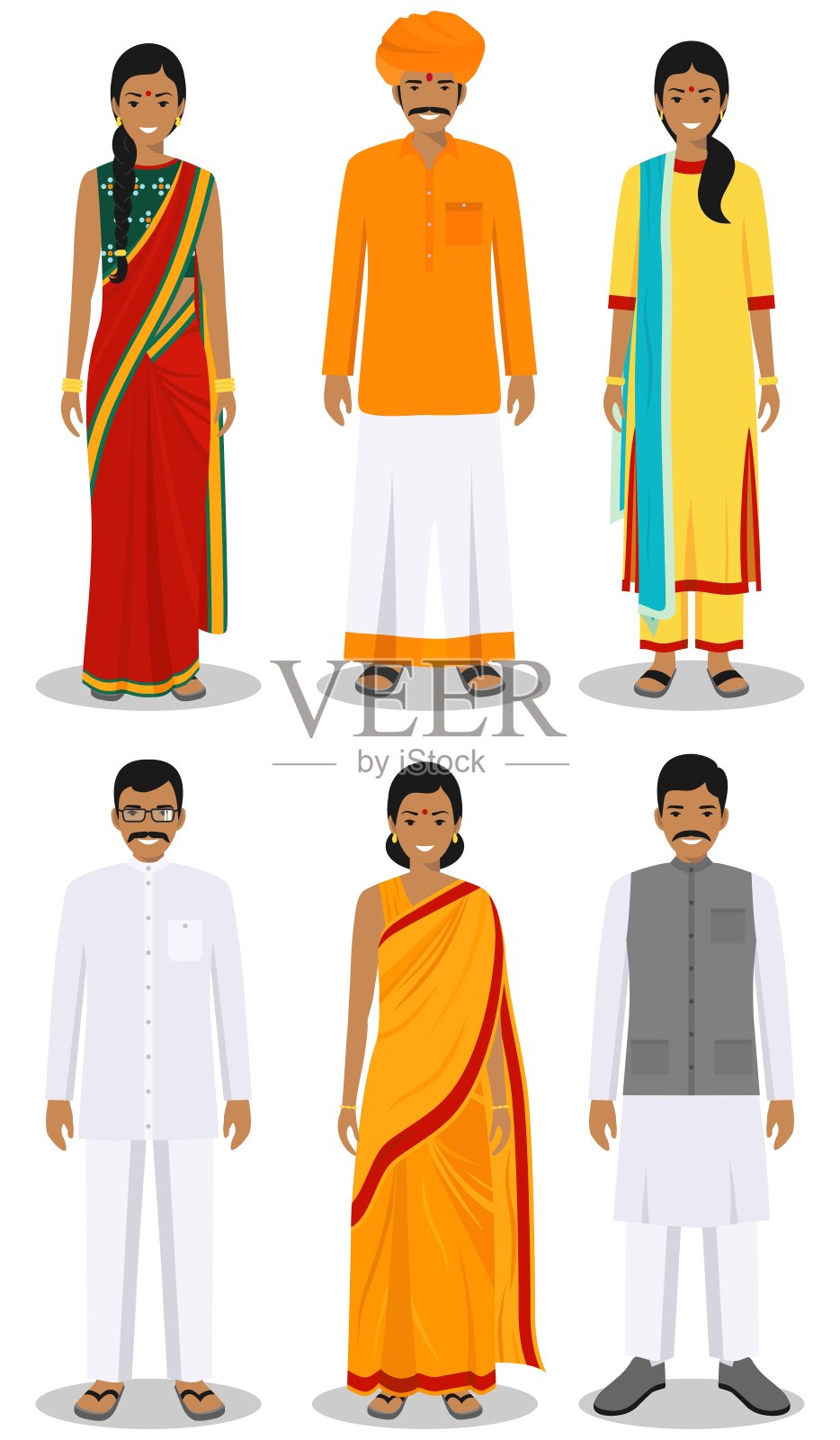 一组不同的印度青年男女站在传统服装孤立在白色背景平风格。不同民族的东方服饰。矢量插图。插画图片素材