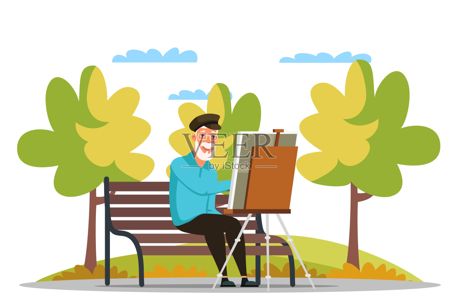 一个成熟的老人在公园的画架上画画插画图片素材