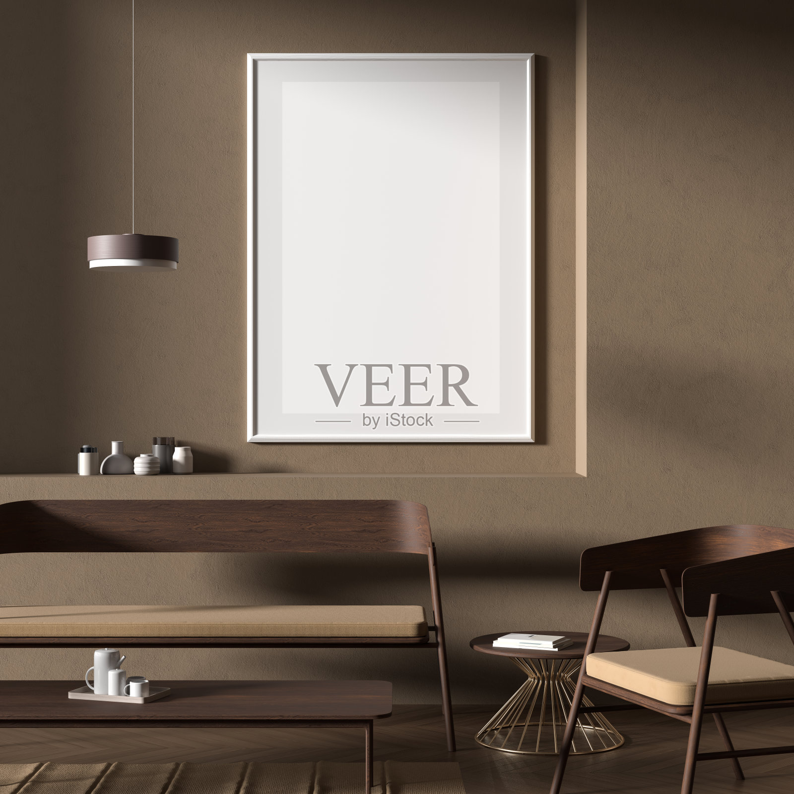 模拟海报框架在斯堪的纳维亚风格的室内与木制家具。简约的室内设计。3 d演示。照片摄影图片
