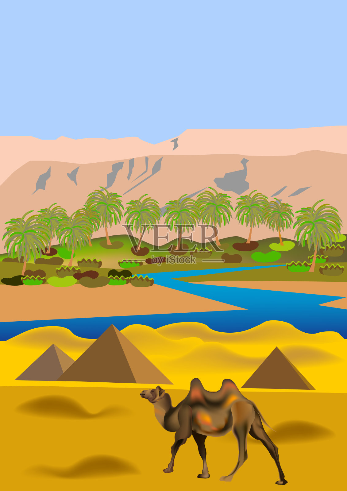 垂直海报，横幅与埃及非洲景观。金字塔，骆驼，河流，山丘，棕榈树，沙子，山脉，沙丘。网页与空间的文本。矢量插图。插画图片素材