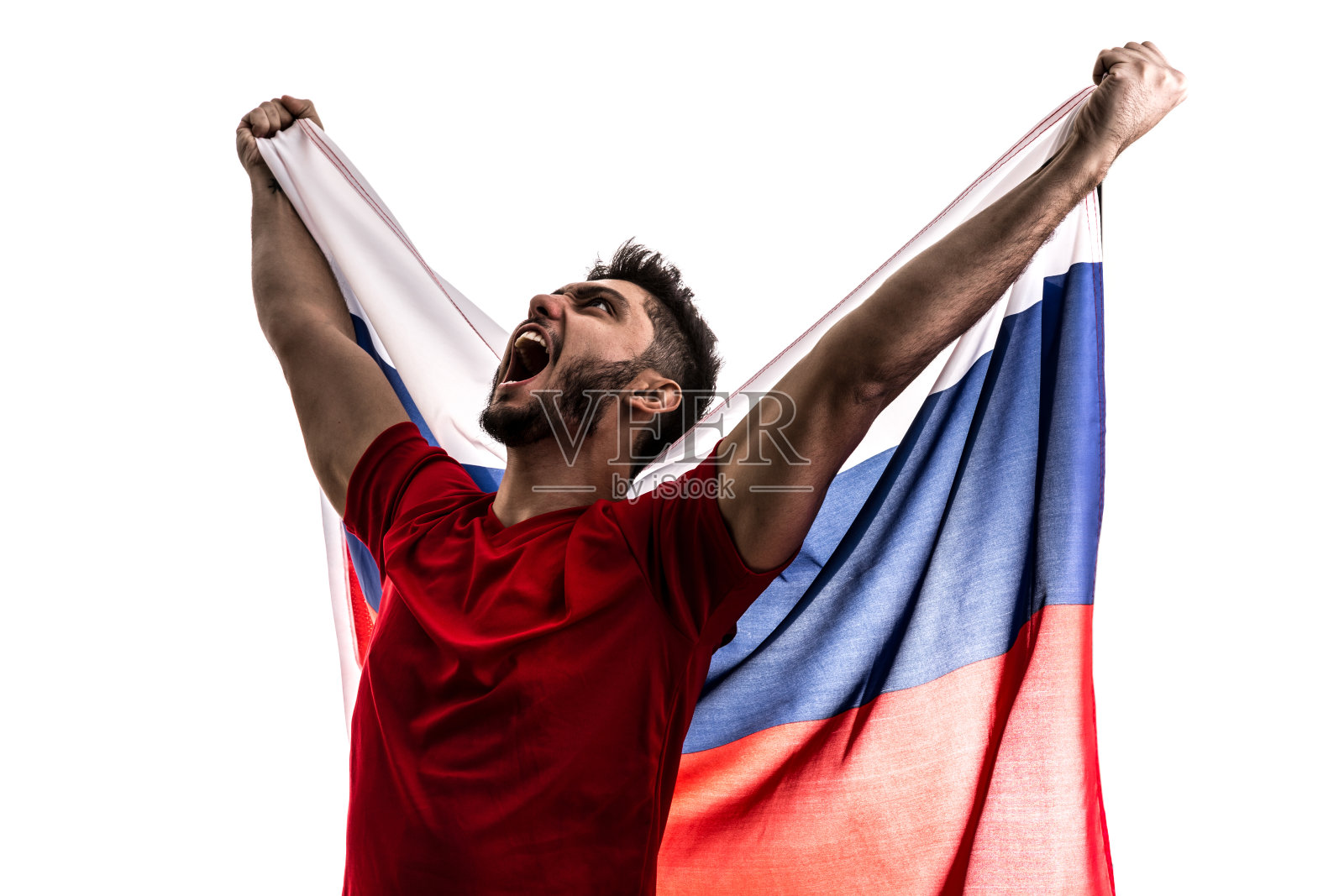 俄罗斯运动员/粉丝在白色背景下庆祝照片摄影图片