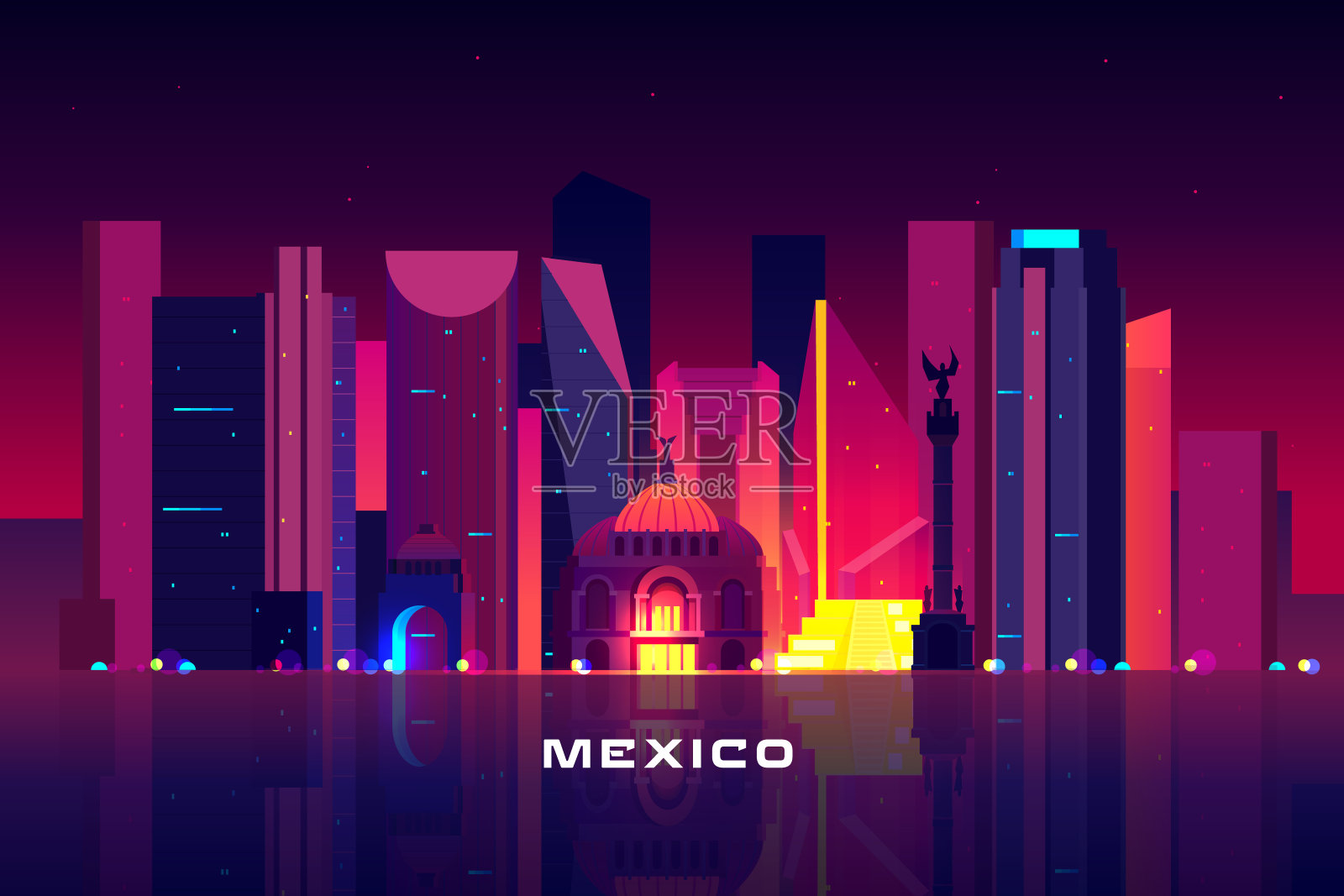 墨西哥城的天际线，霓虹照明的夜景背景图片素材