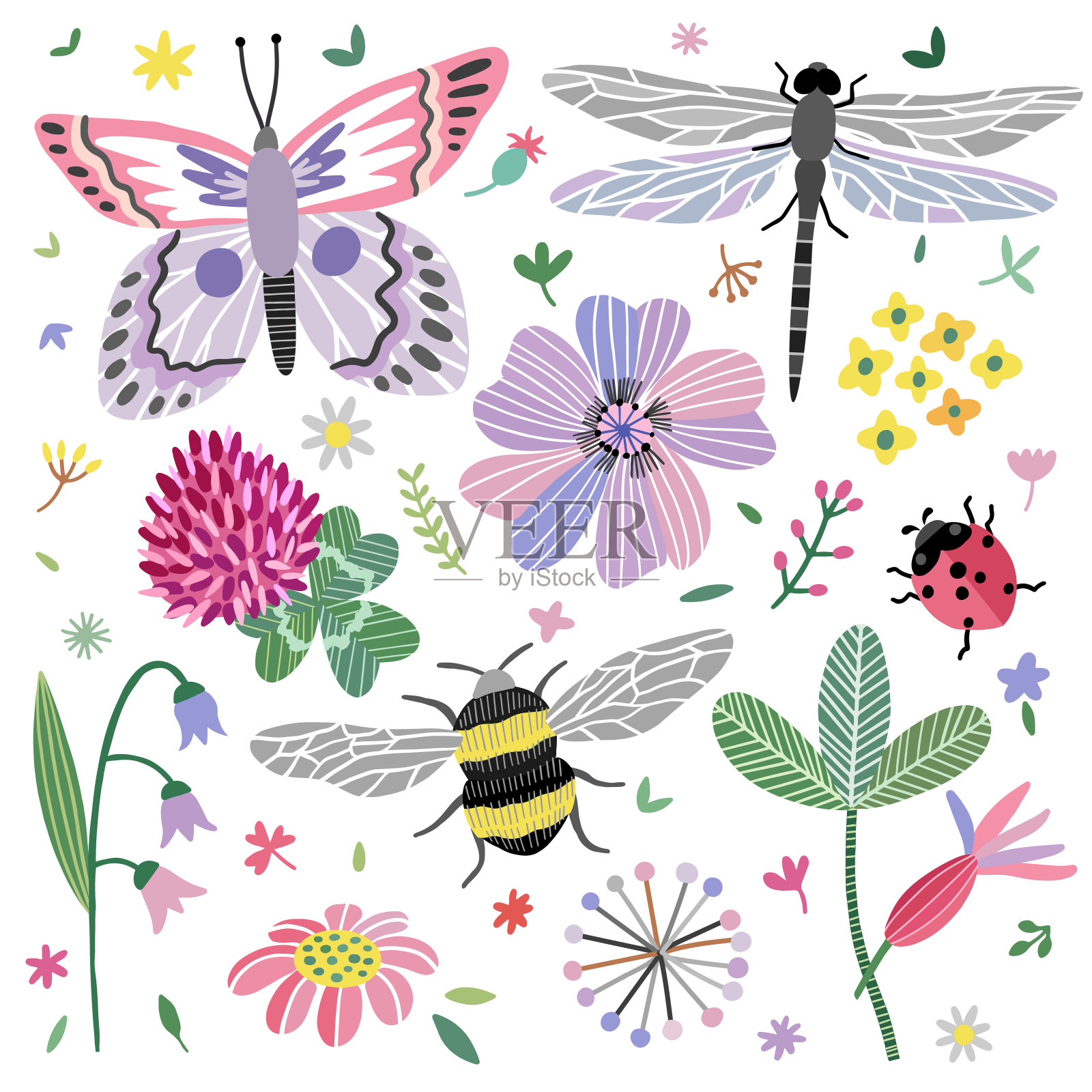 向量的夏季牧场。野花，蝴蝶，蜻蜓，蜜蜂插画图片素材