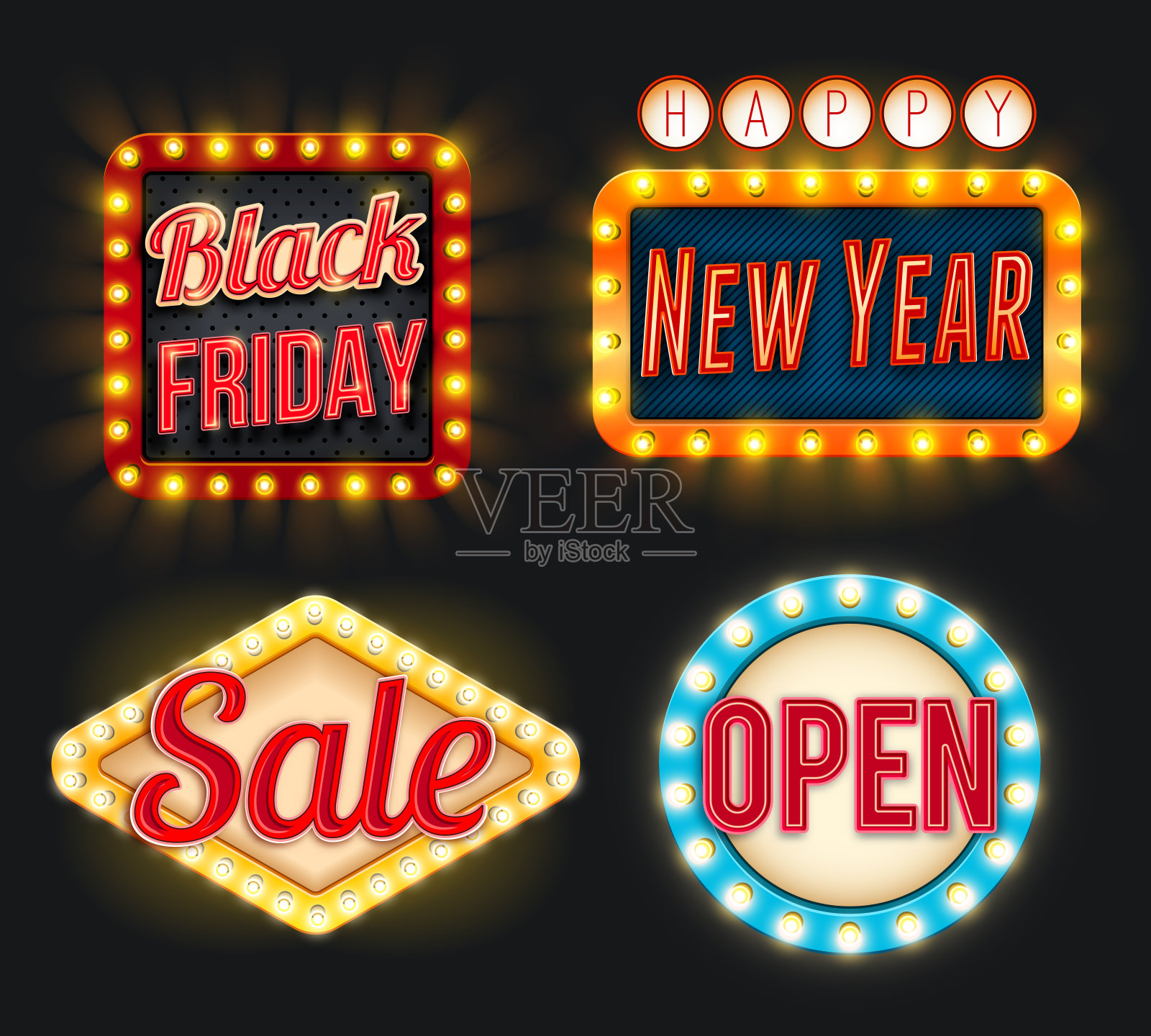 黑色星期五销售新年开放向量复古图标设计元素图片