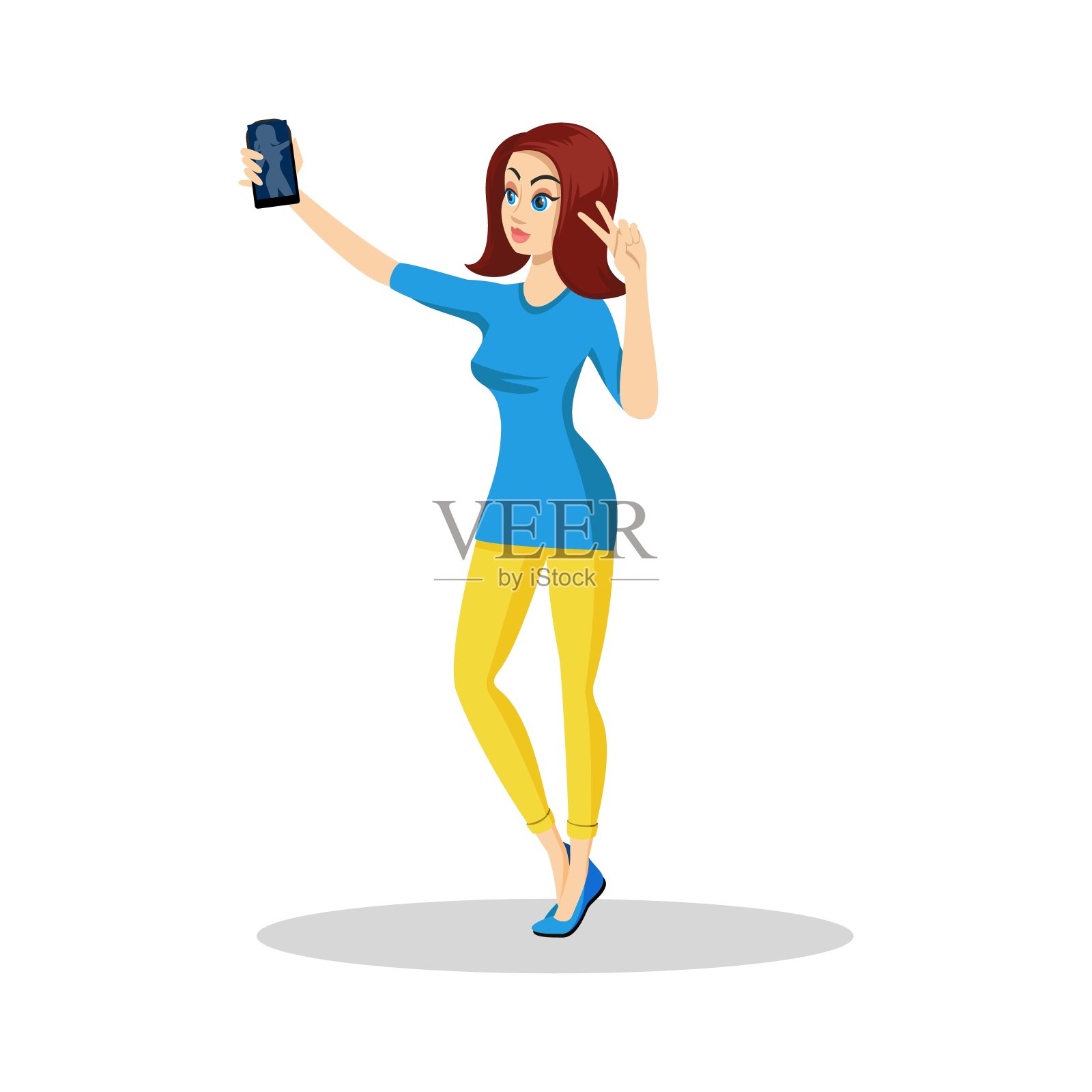 漂亮的黑发女孩穿着蓝色迷你裙和黄色紧身裤与智能手机自拍插画图片素材