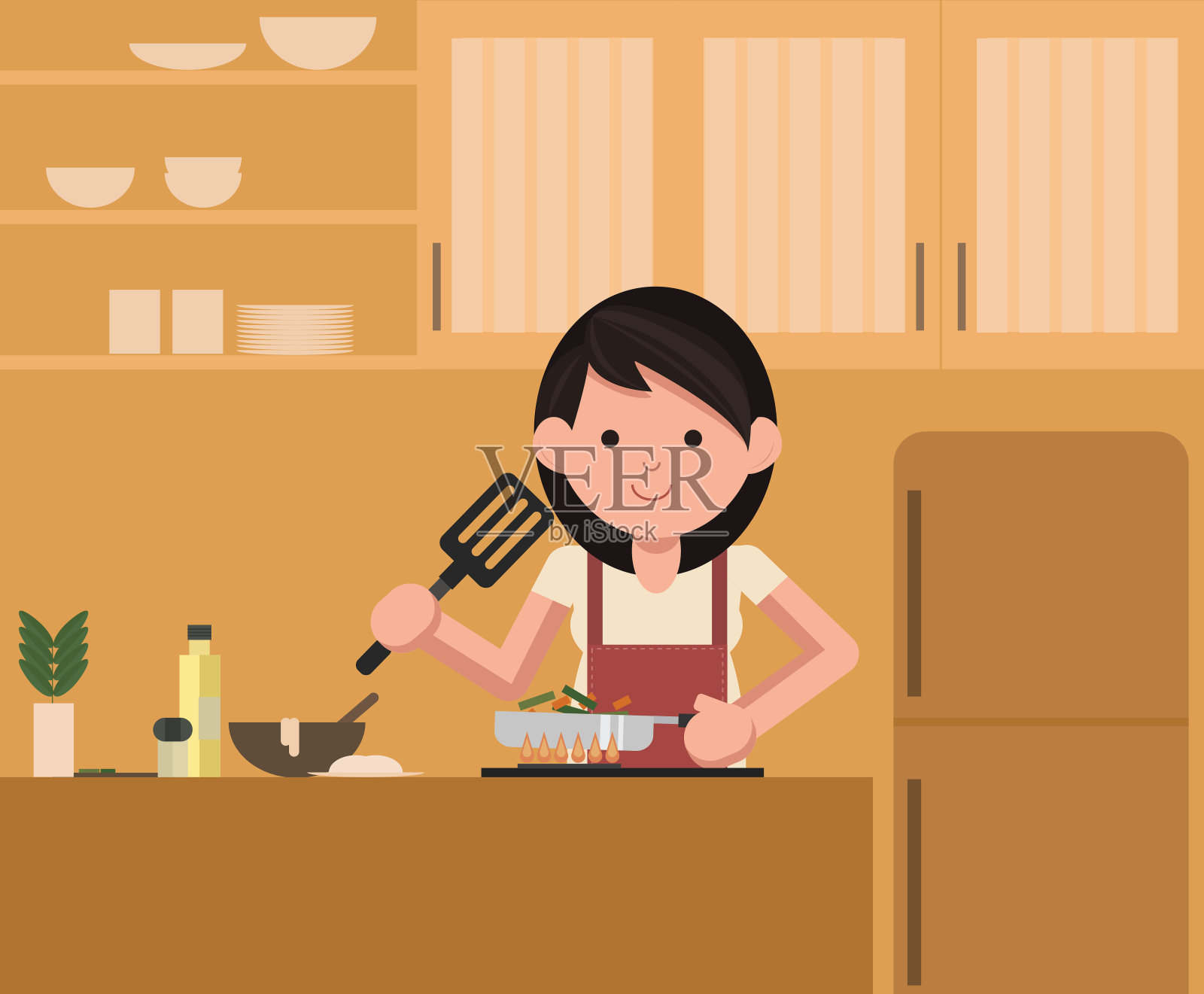 孤立的向量。一个女人站在厨房的炉子旁做饭。插画图片素材