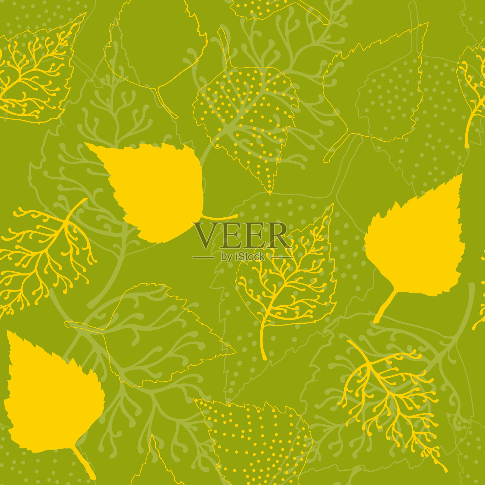 无缝的桦树树叶背景和布局插图，优雅自然的桦树树叶形状在绿色的背景为笔记本封面面料设计插画图片素材
