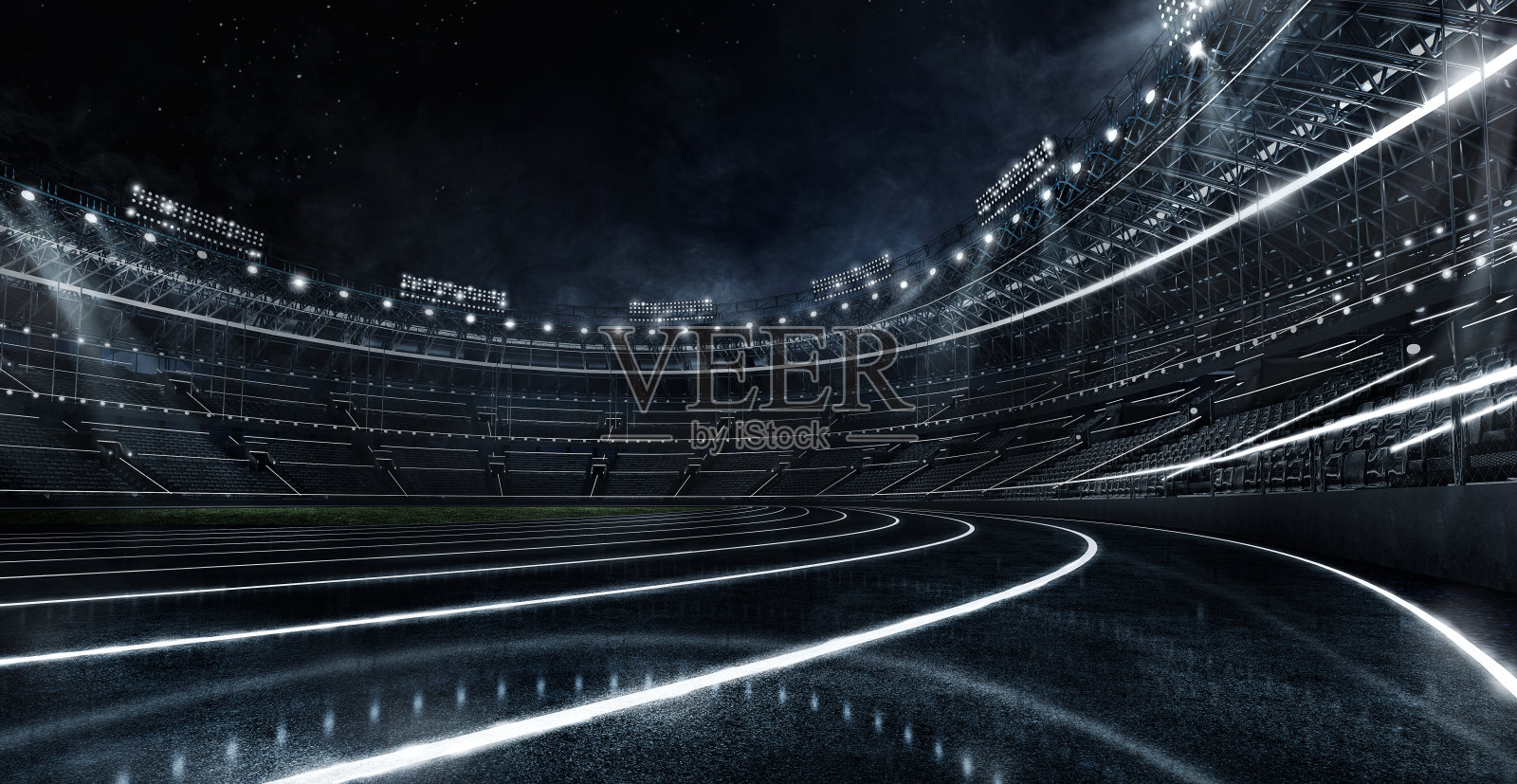 运动背景。未来的霓虹灯足球场和跑道。戏剧性的一幕。3 d渲染图像。照片摄影图片
