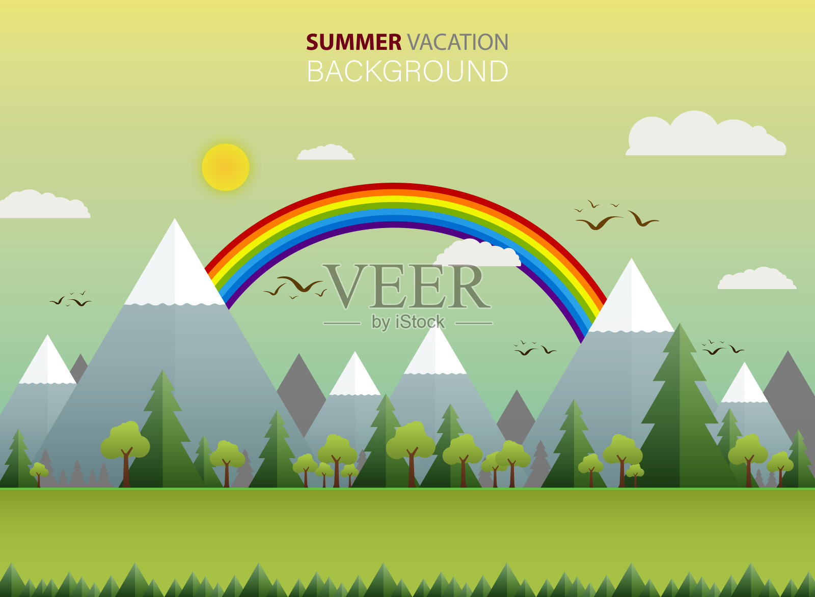 摘要的广阔的夏季景色在自然界与晴朗的天空和彩虹背景，插图矢量eps10插画图片素材
