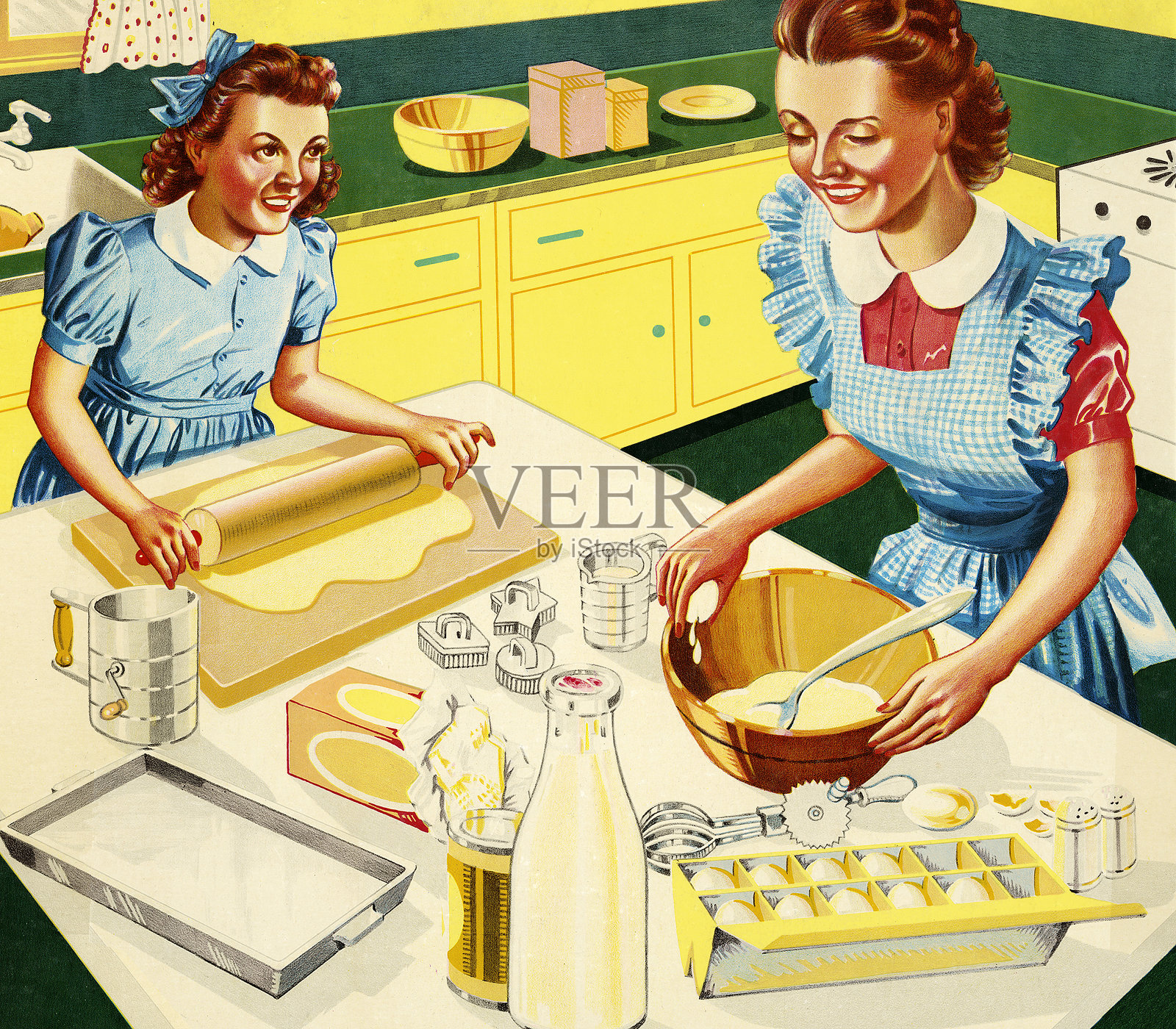 母亲和女儿在厨房烘焙插画图片素材