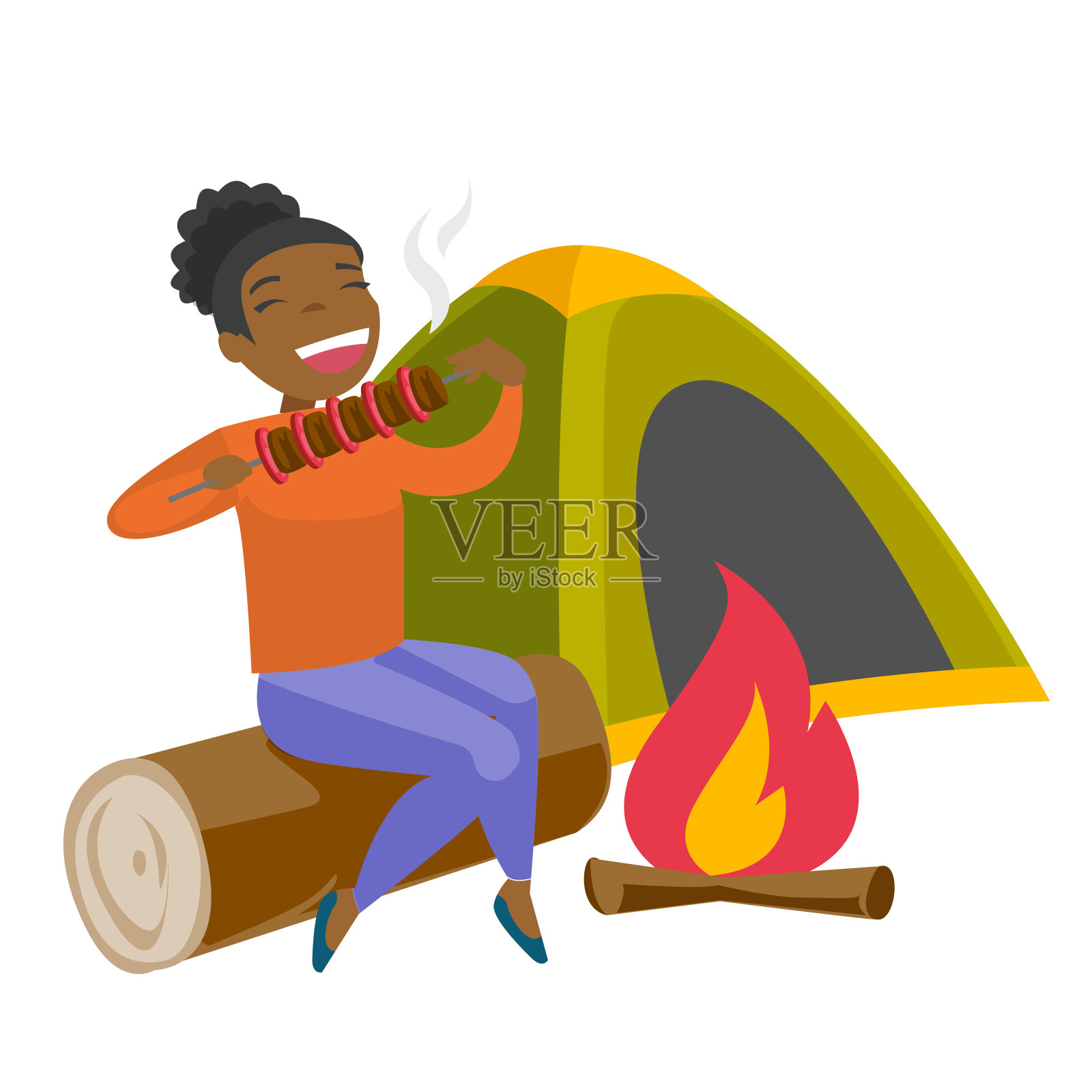 在野营中，一个女人坐在篝火旁的原木上设计元素图片