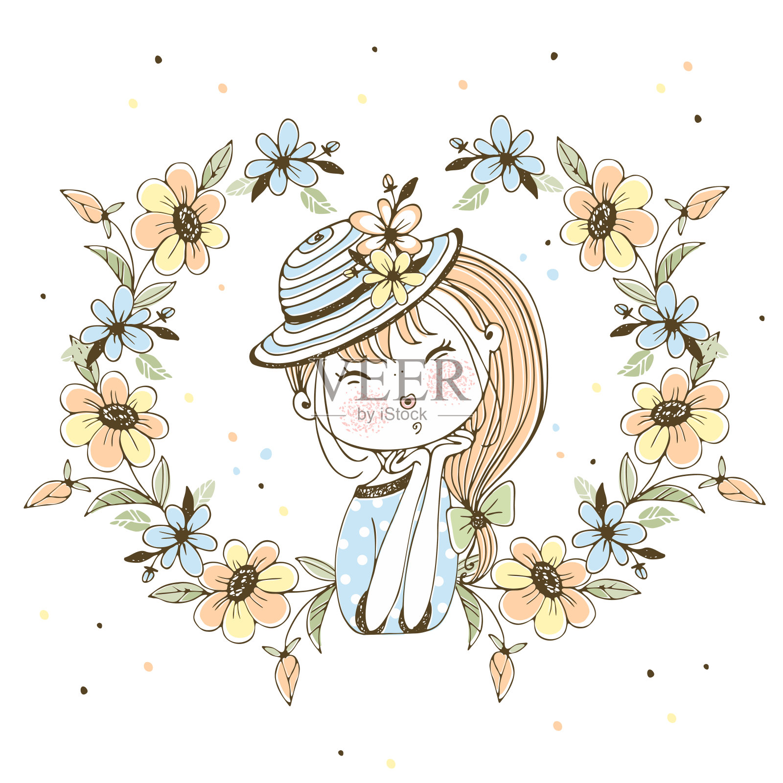 戴着帽子，插着花的可爱女孩。向量插画图片素材