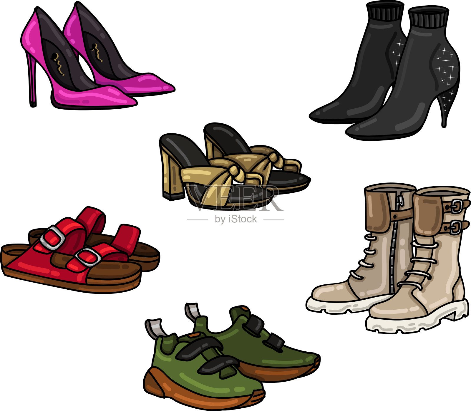 一套时尚风格的鞋子。高跟鞋，闪亮的靴子，拖鞋，靴子，人字拖和运动鞋。插画图片素材