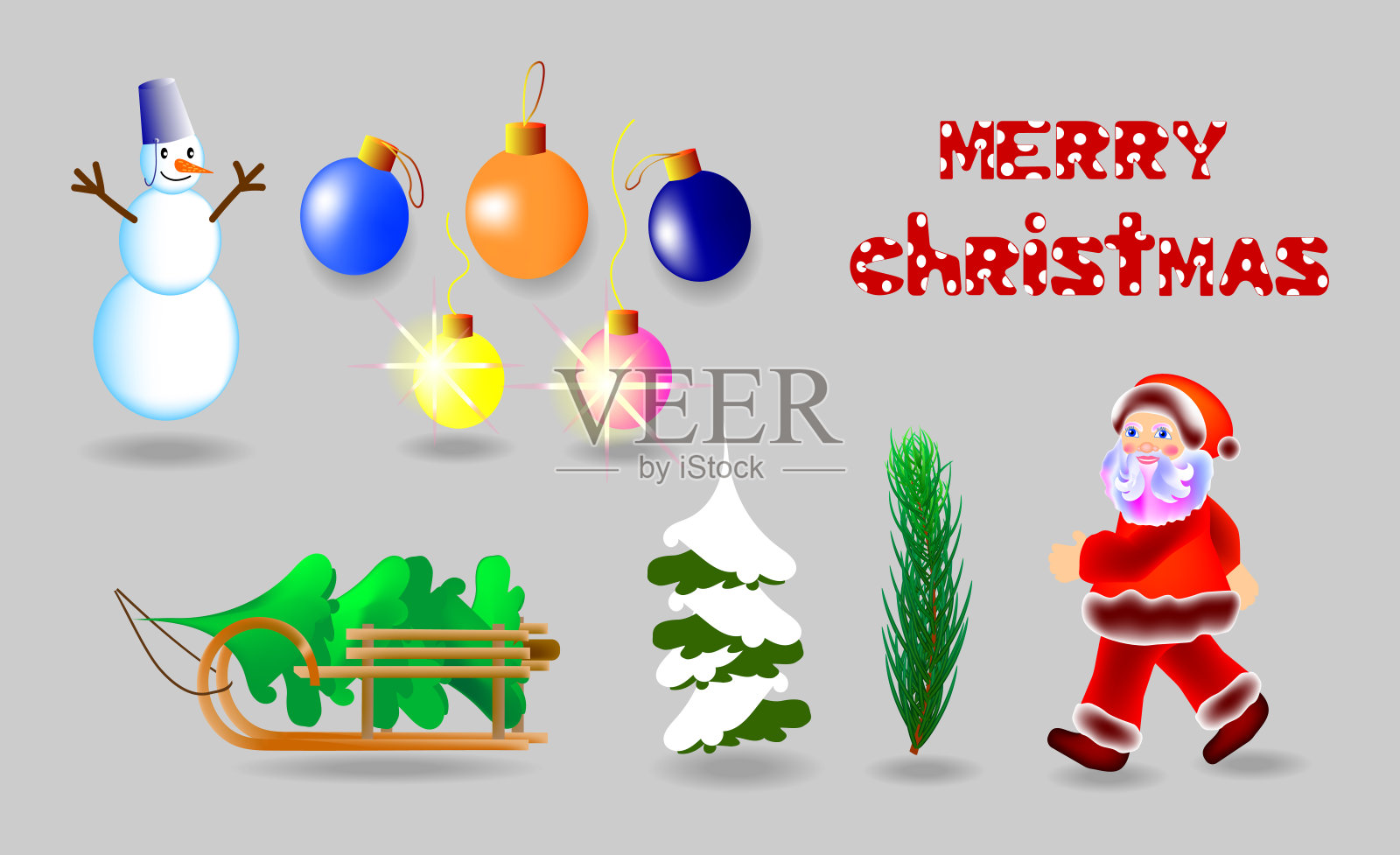 圣诞节。圣诞老人、雪橇上的圣诞树、雪地里的圣诞树、树枝上的雪人、五彩球、文字圣诞快乐。矢量插图。插画图片素材