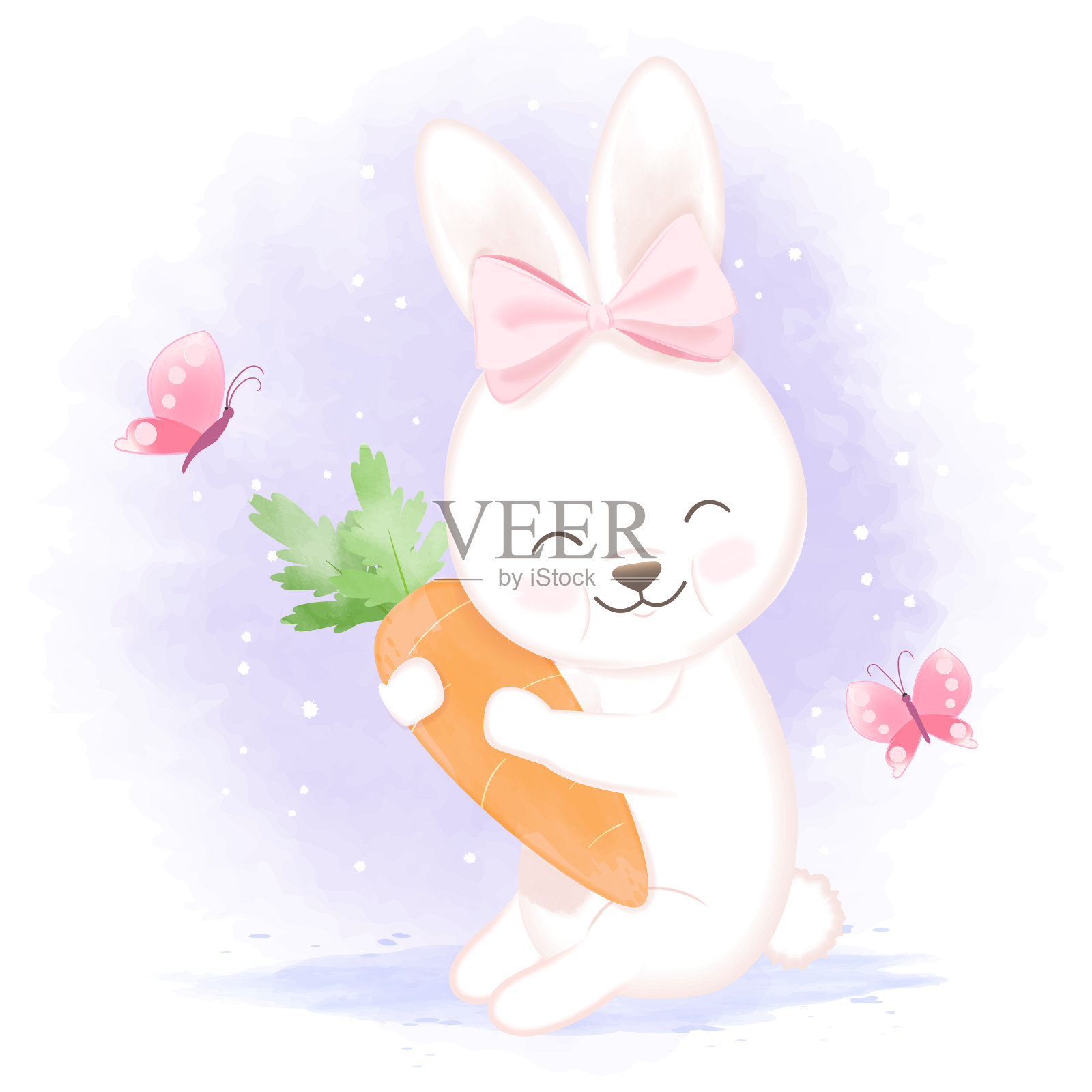 小兔配胡萝卜，手绘卡通水彩插画设计元素图片