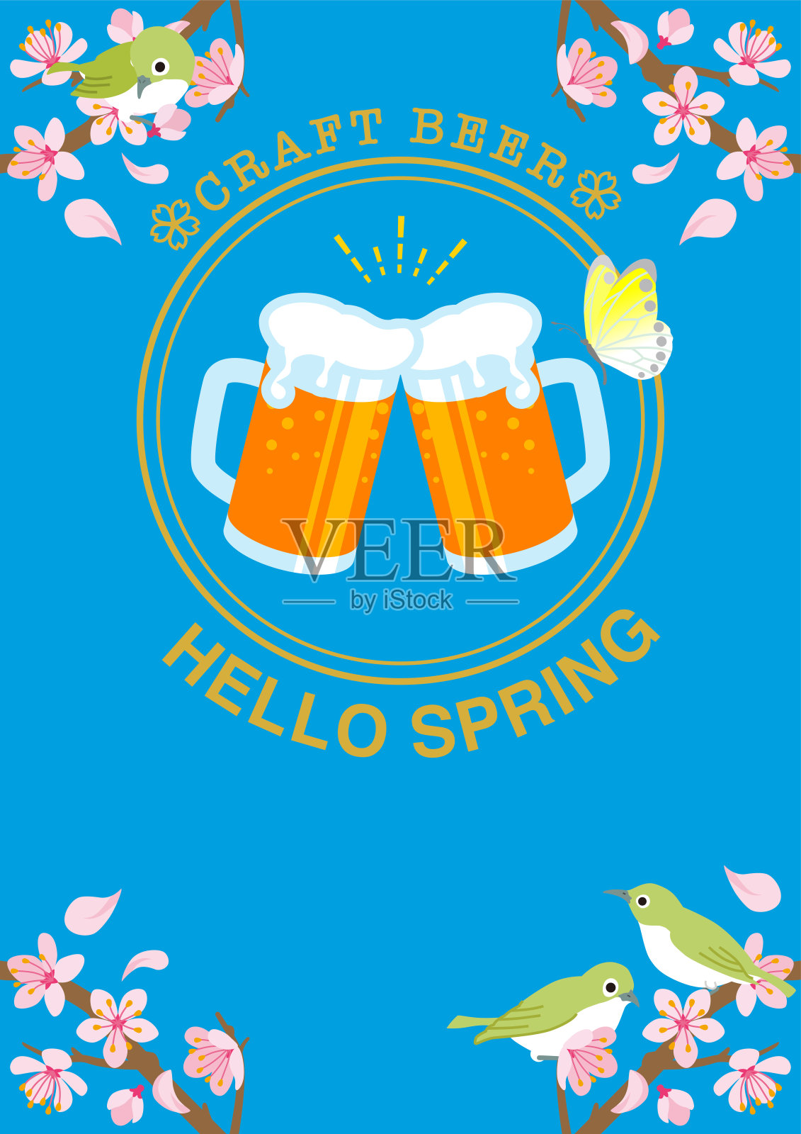 敬酒啤酒图标在春天的自然背景设计模板素材