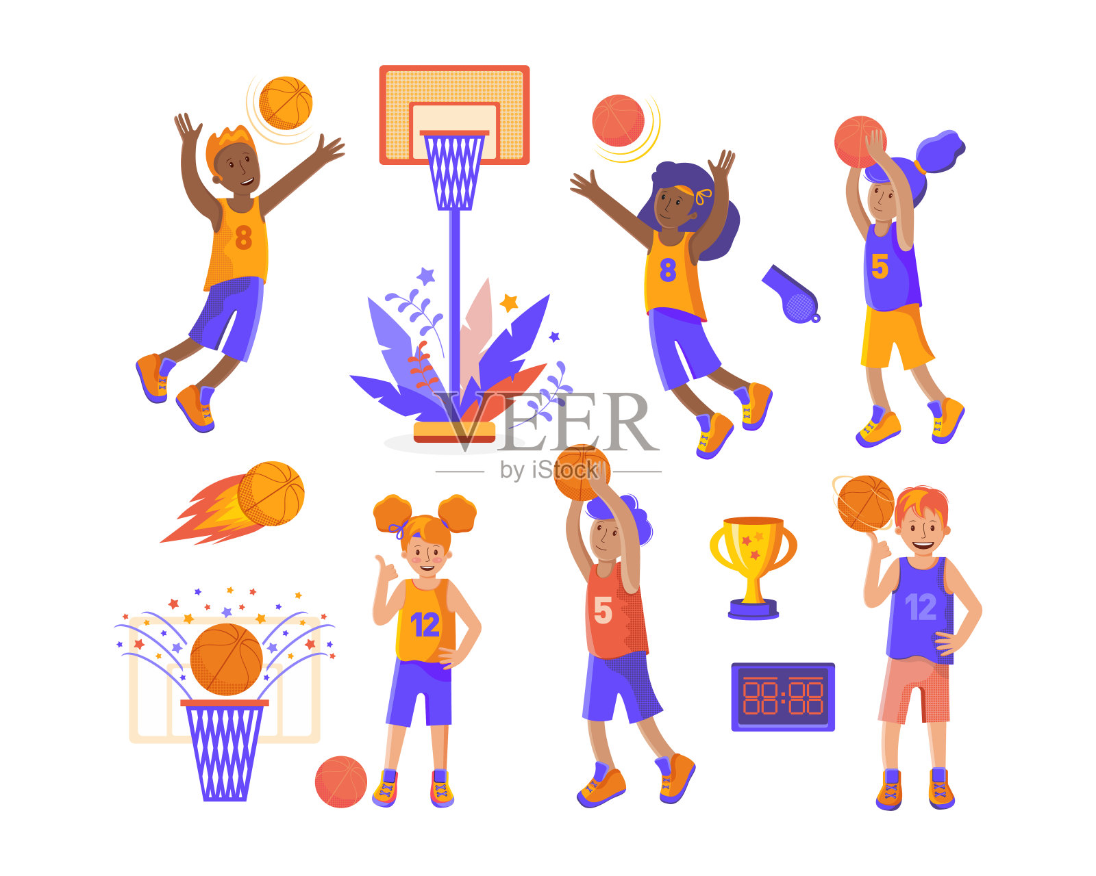 男子和女子篮球队。以篮球为主题的体育运动。男女篮球运动员，网，记分牌，球，哨子，杯。运动员和各种属性的体育游戏插画图片素材