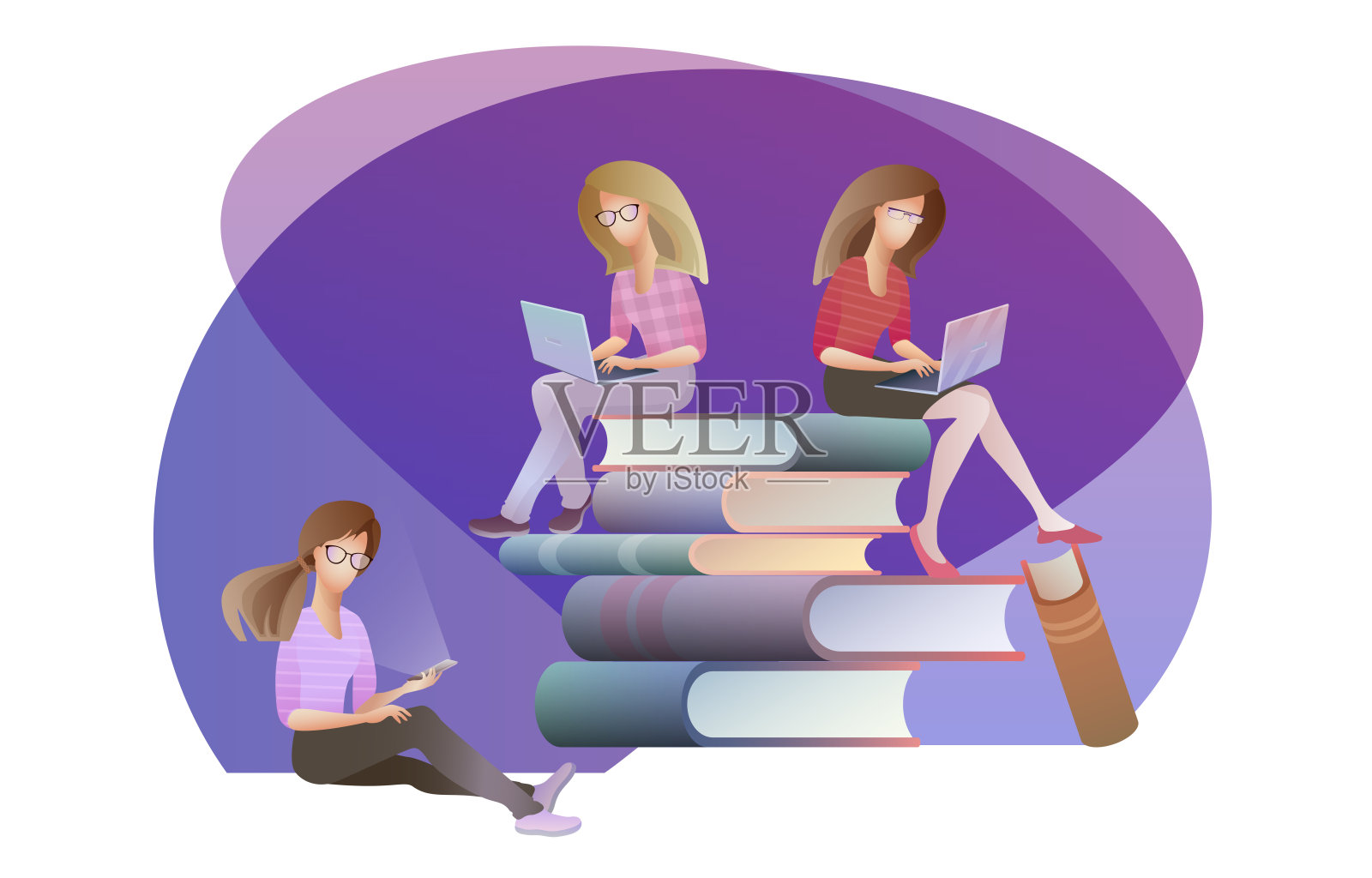 女人坐在一堆书上，手里拿着电子产品。向量。设计元素图片