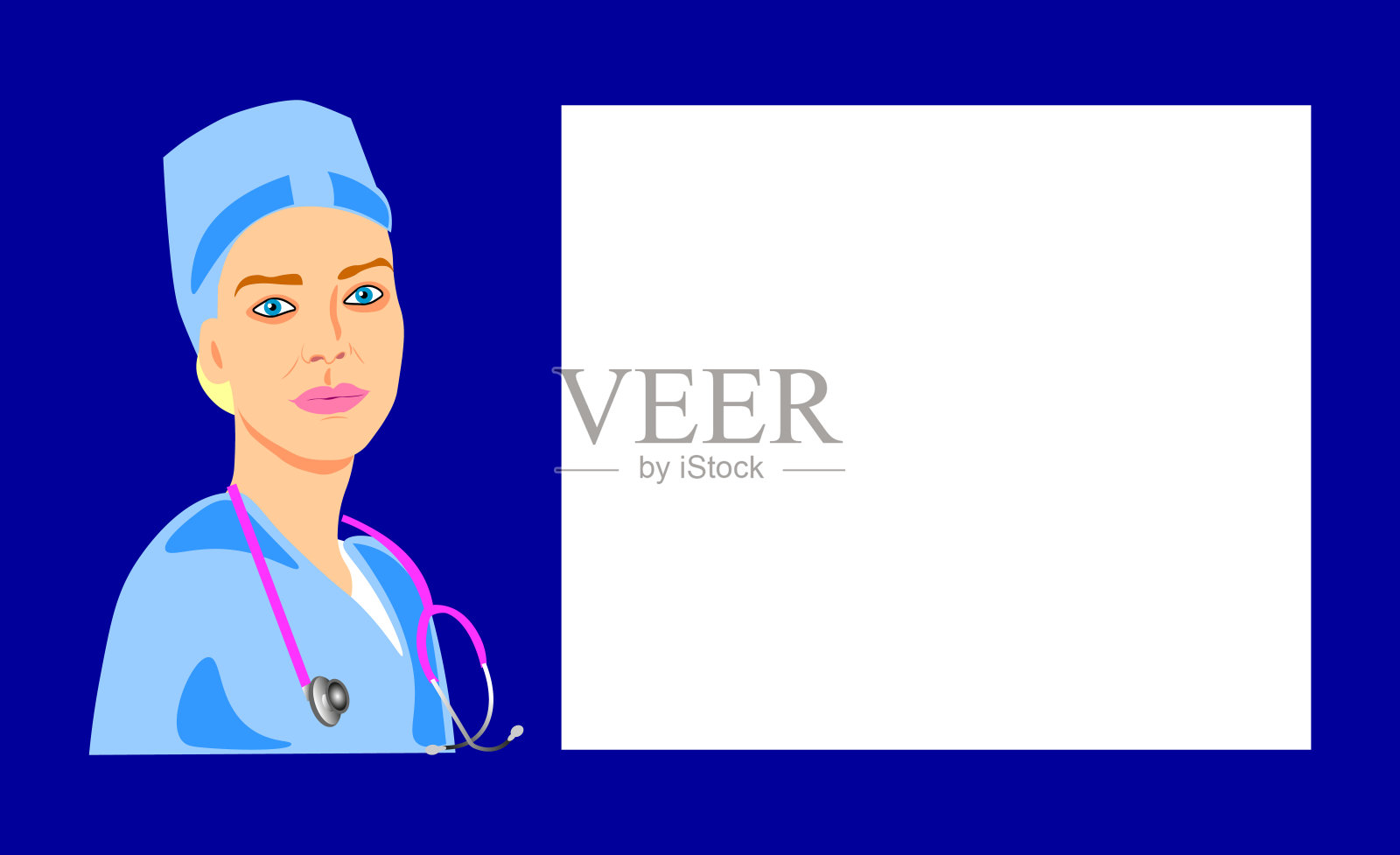 美丽的女医生，蓝色背景，空白文字。医学背景。向量。插画图片素材