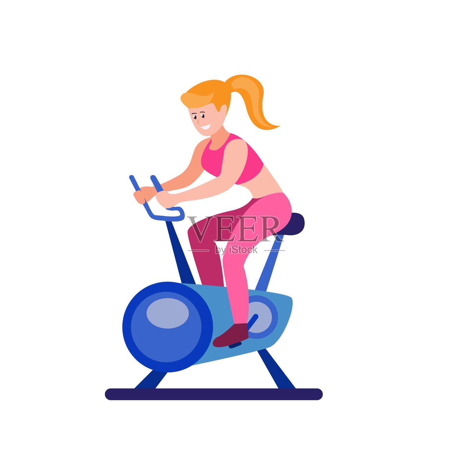 女孩在健身房或家里骑固定自行车，卡通平面插图矢量孤立在白色背景设计元素图片