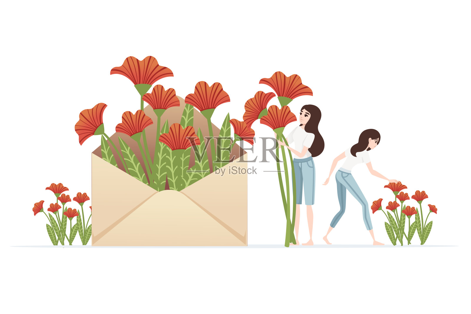 纸信封与红色的鲜花和女性采摘的春天创造性抽象设计元素平面矢量插图在白色的背景插画图片素材