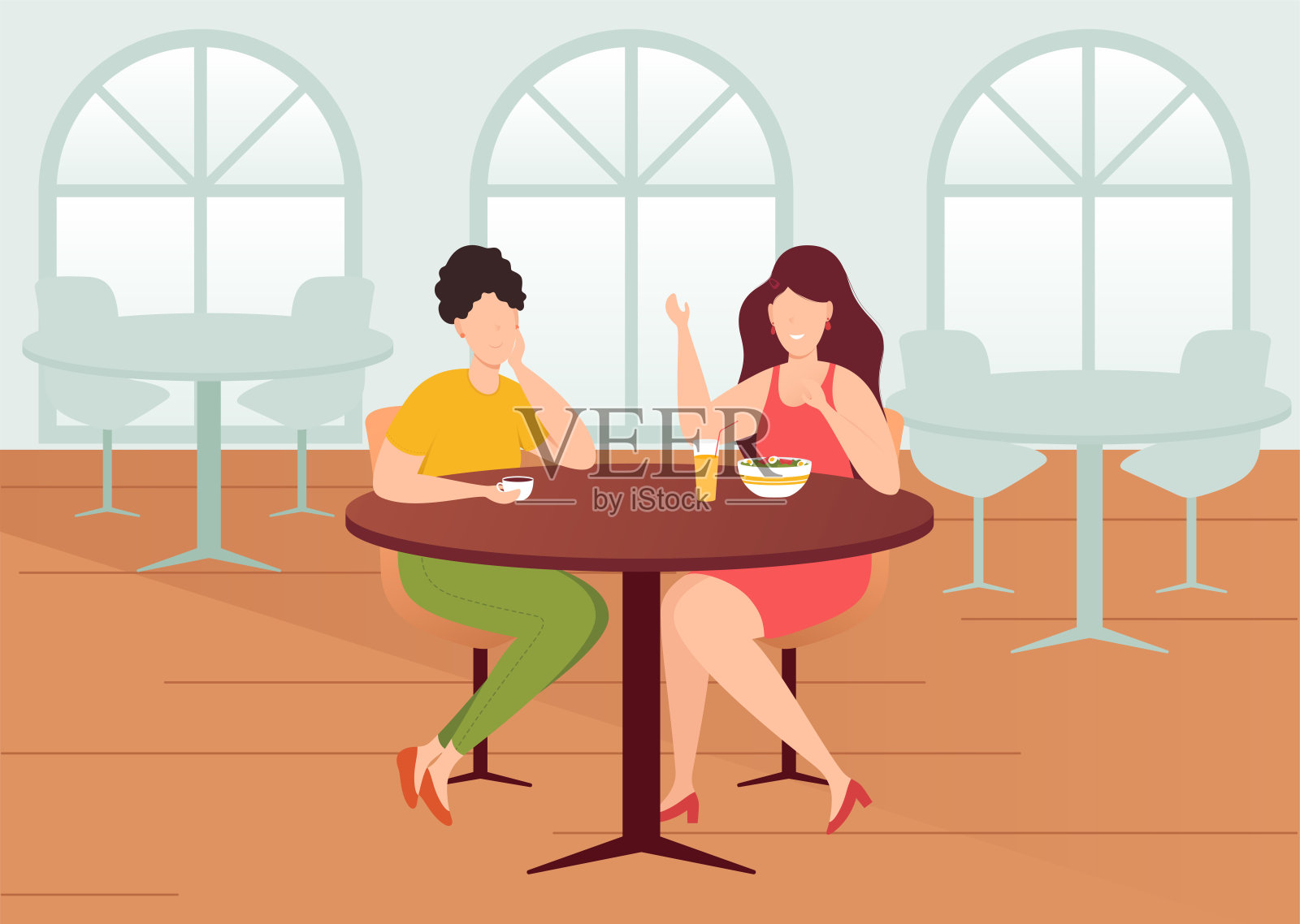 卡通色彩人物人物女性朋友在咖啡厅内部的概念。向量插画图片素材