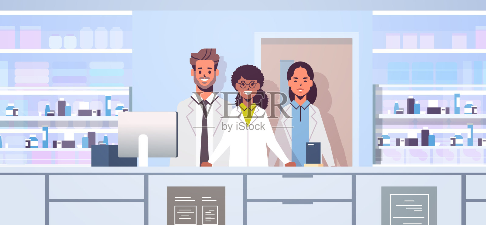 混合种族医生药剂师队伍站在药房柜台现代药店内部医学保健概念横向肖像插画图片素材