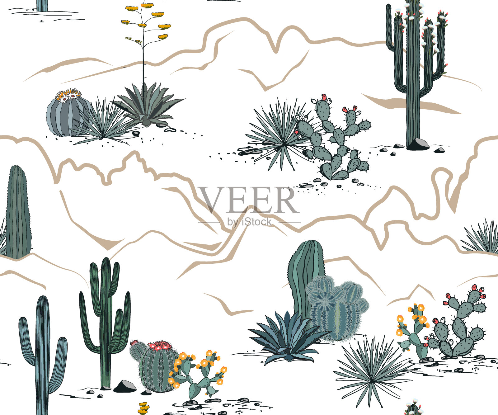 沙漠无缝图案与山，盛开的仙人掌，仙人掌，和撒瓜罗。向量的背景。插画图片素材