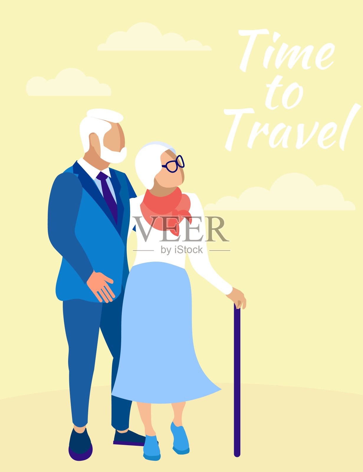 黄色背景上的成熟夫妇。时间旅行。插画图片素材