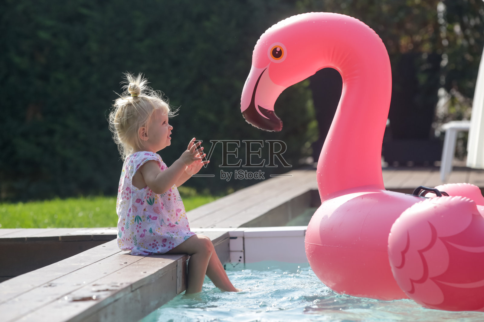 可爱的蹒跚学步的女孩在游泳池玩大粉红色的充气火烈鸟照片摄影图片