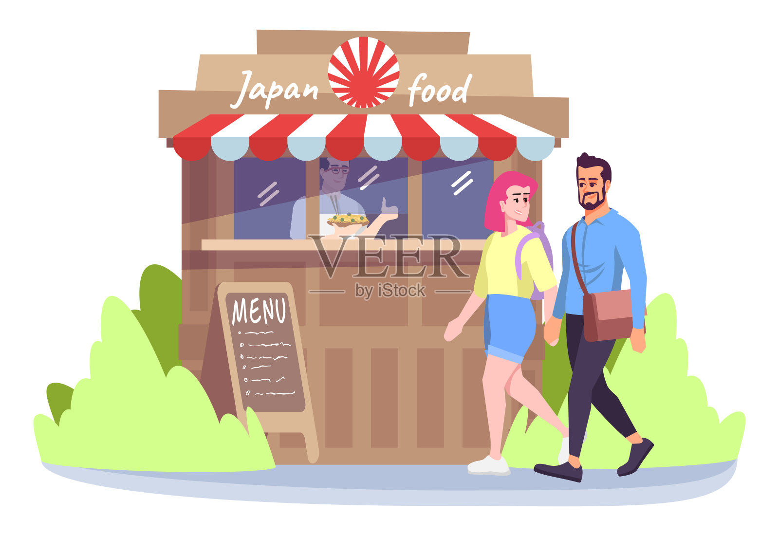 男人和女人附近的日本食物公园咖啡馆平面矢量插图。几个人，报摊，卖主，菜单。街头美食节孤立的卡通人物在白色的背景设计元素图片