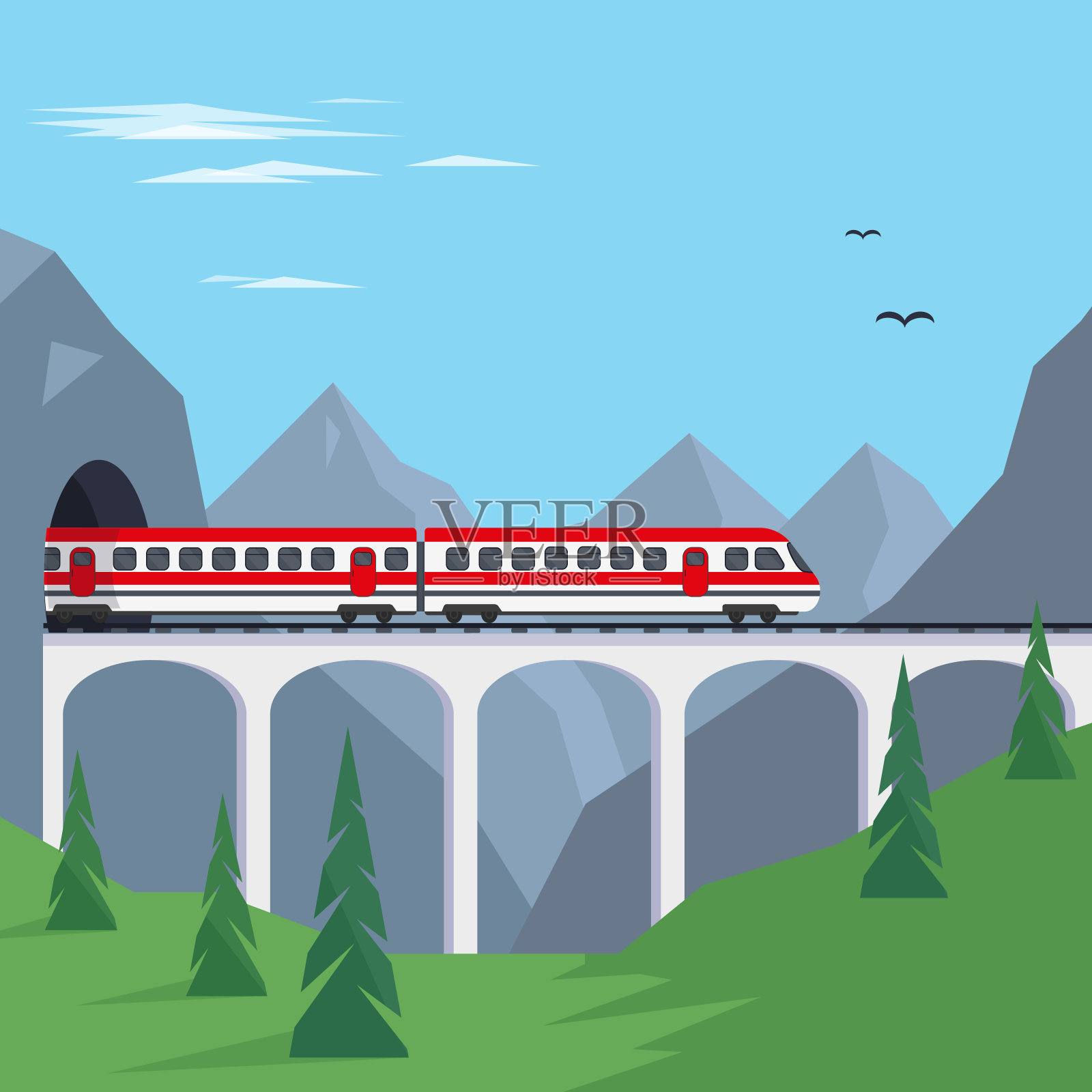 火车在山上的桥上。旅行火车概念或旗帜矢量插图。插画图片素材