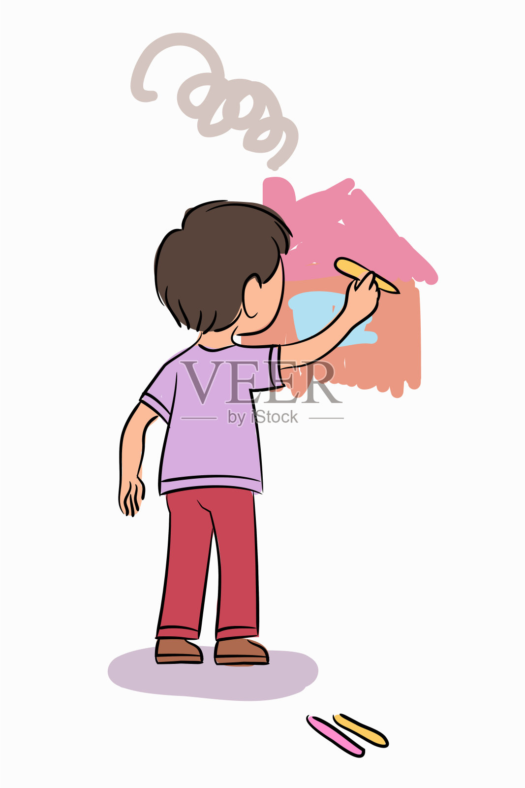 可爱的小男孩用粉笔画墙插画图片素材