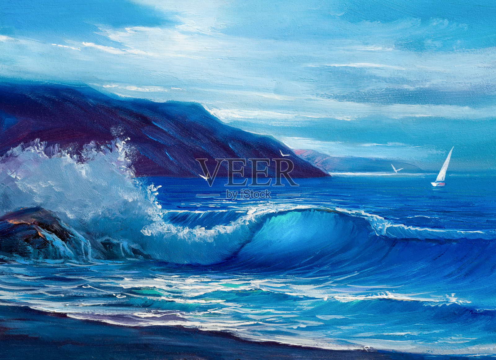 画布上的海洋和海滩的原始油画。海上的金色落日。插画图片素材