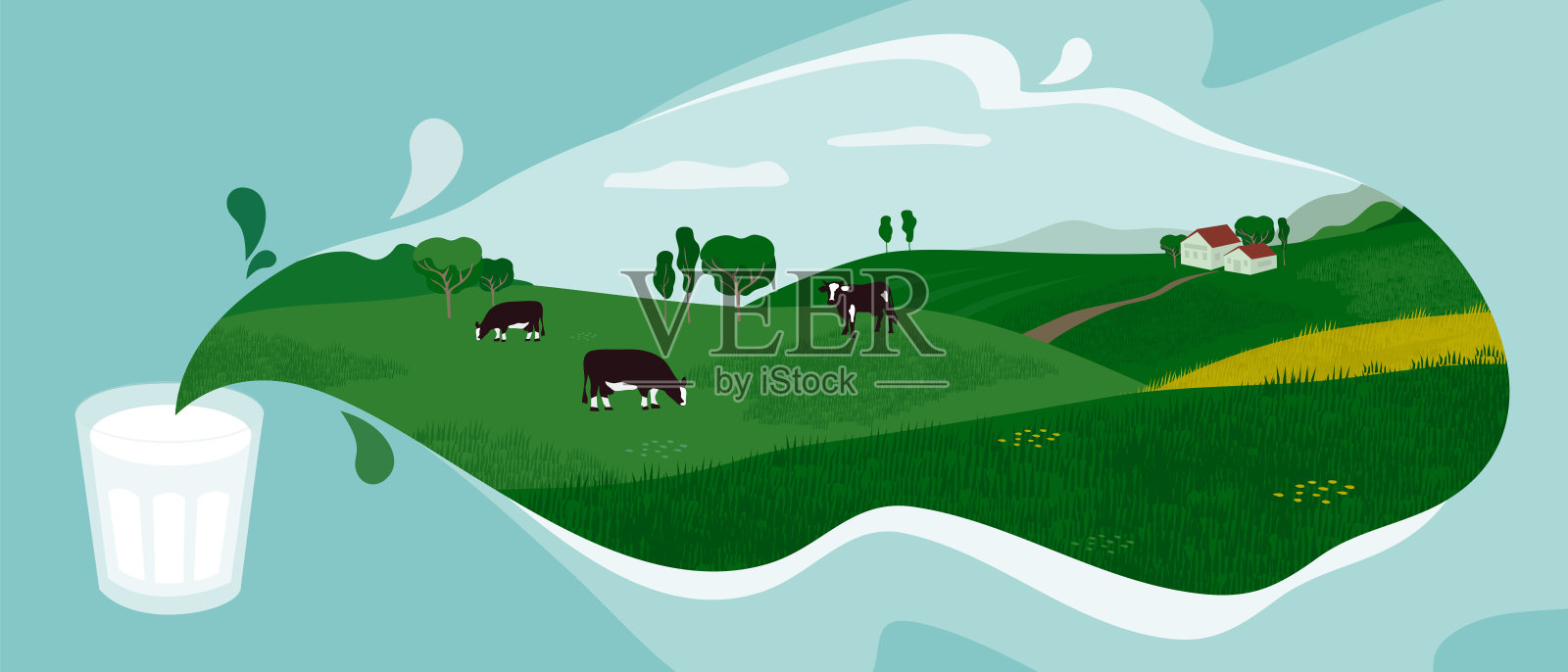 矢量插图的乡村景观和玻璃新鲜牛奶从农场插画图片素材