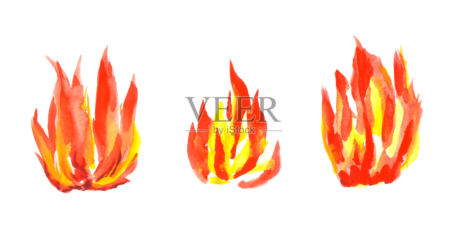 水彩火设置孤立的白色背景。火舌，文本或字母的模板。手绘黄色和橙色水彩画燃烧篝火，篝火剪影与火花设计元素图片