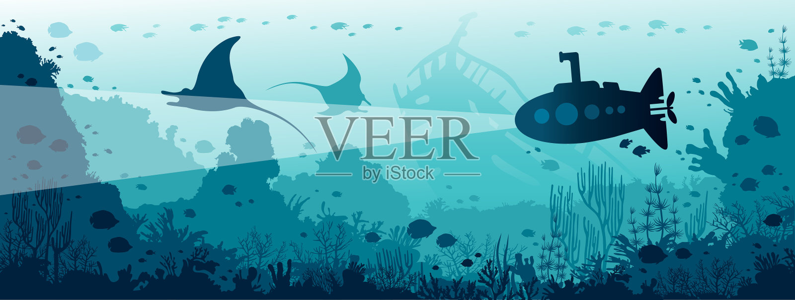 水下海洋生物-蝠鲼，珊瑚礁，鱼类，潜水艇。插画图片素材