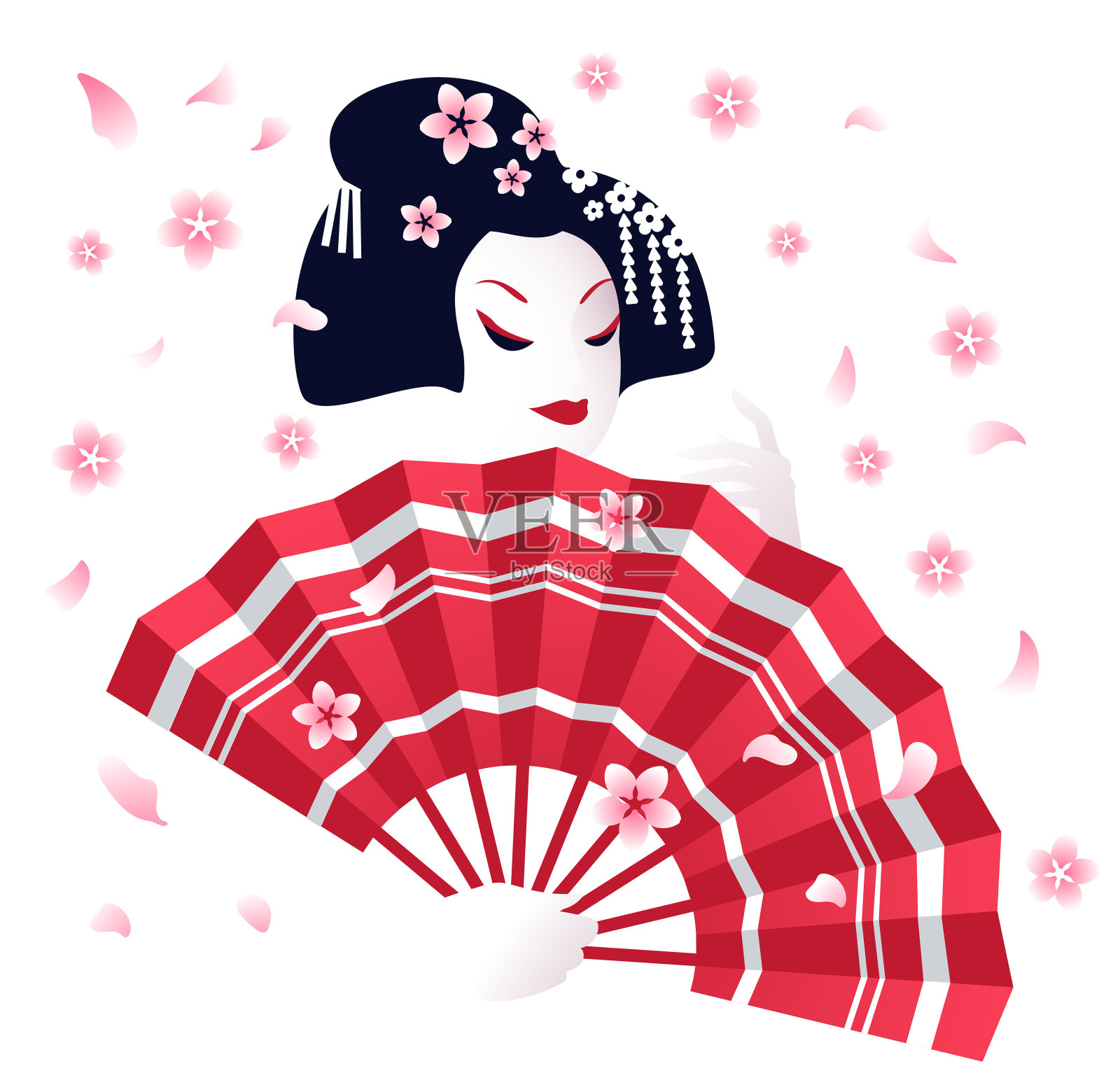日本艺妓，手持红色传统扇子和樱花。日本樱花盛开的季节，矢量插图。插画图片素材