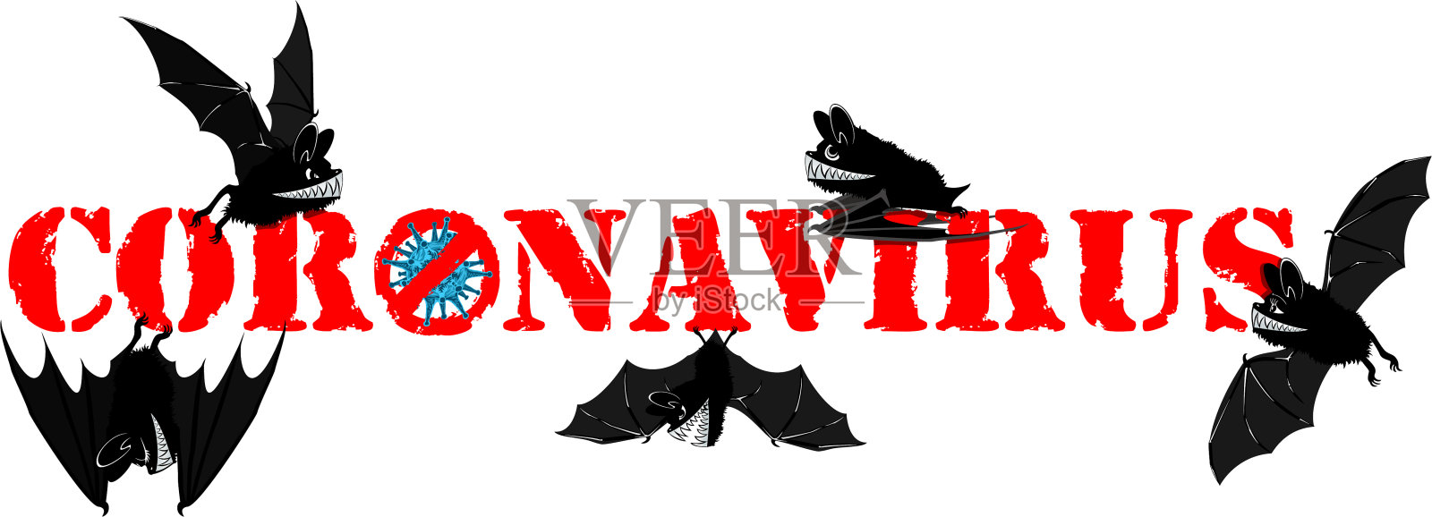 载体可爱卡通吸血蝙蝠与冠状病毒2019-nCoV，病毒MERS-Cov插画图片素材