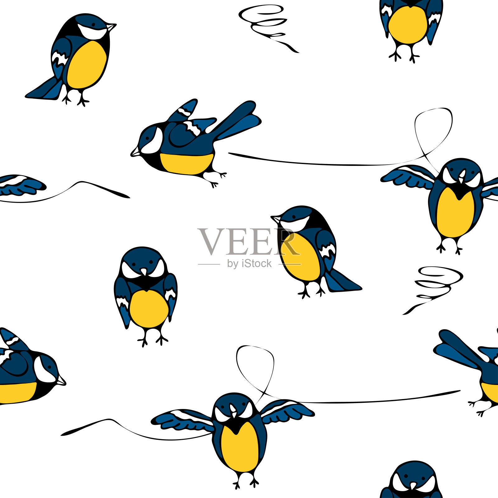 无缝矢量模式与山雀有乐趣的白色背景。简单的卡通蓝鸟重复墙纸设计。设计元素图片