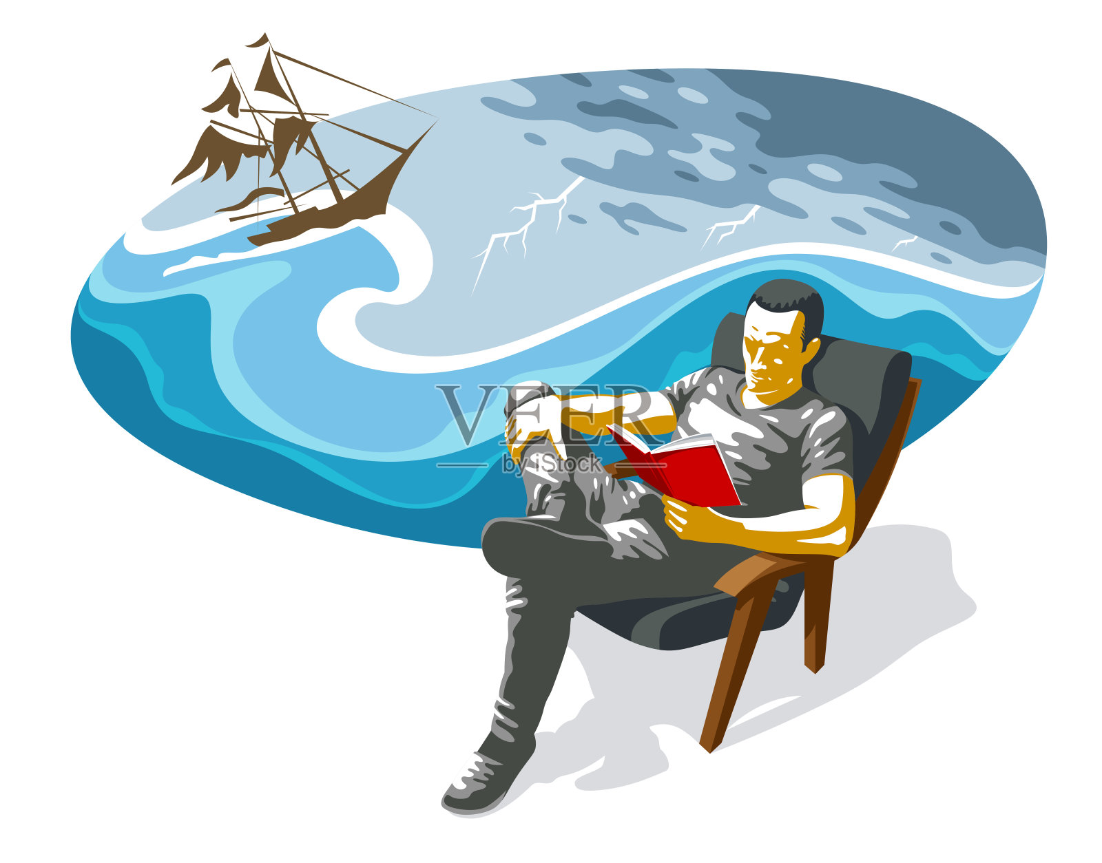 年轻人读冒险书关于海洋和海上航行在一个帆船矢量插图孤立，小说文学关于旧时冒险。设计元素图片