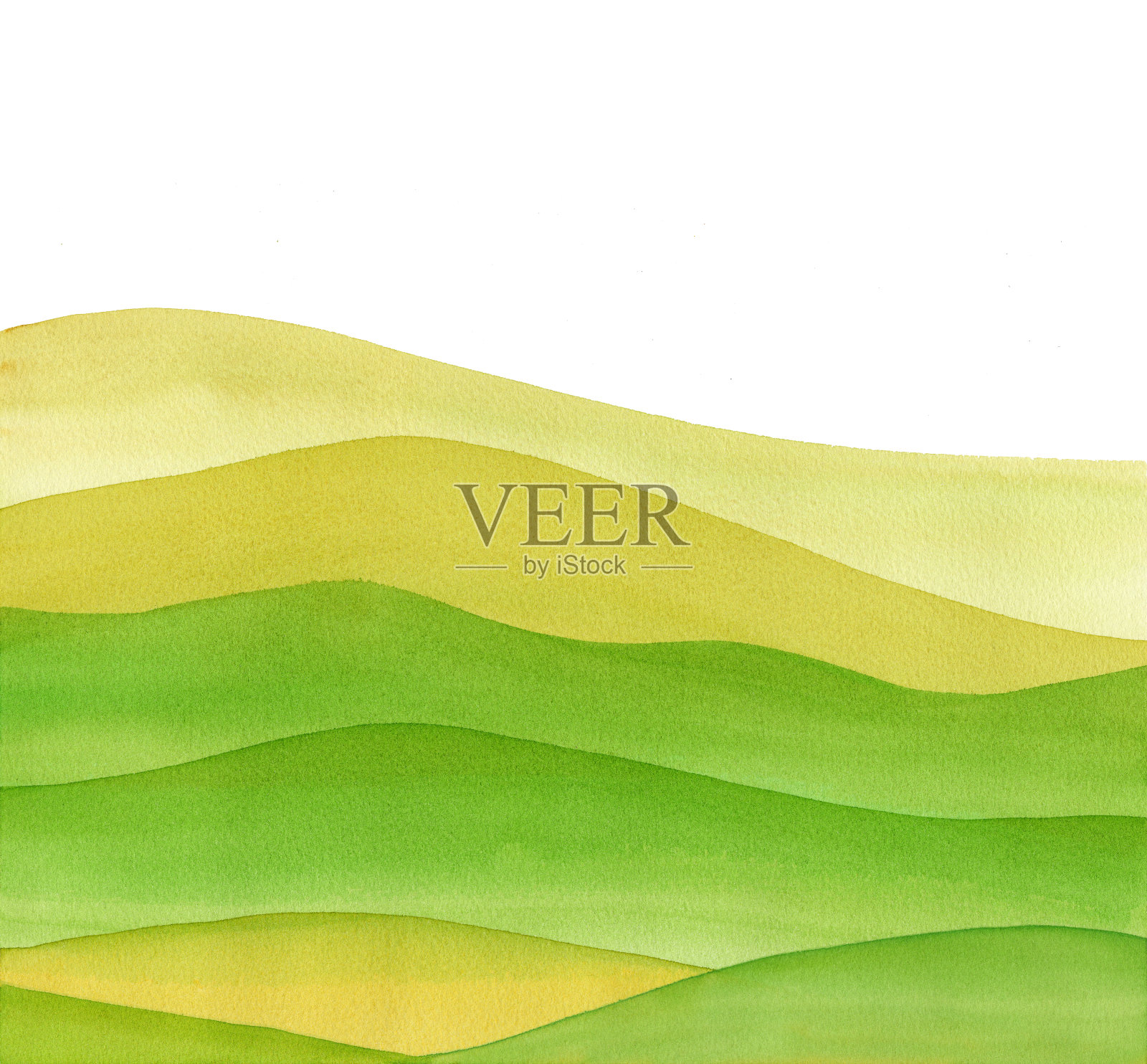 抽象的绿色领域，黄色水彩波山在白色的背景插画图片素材