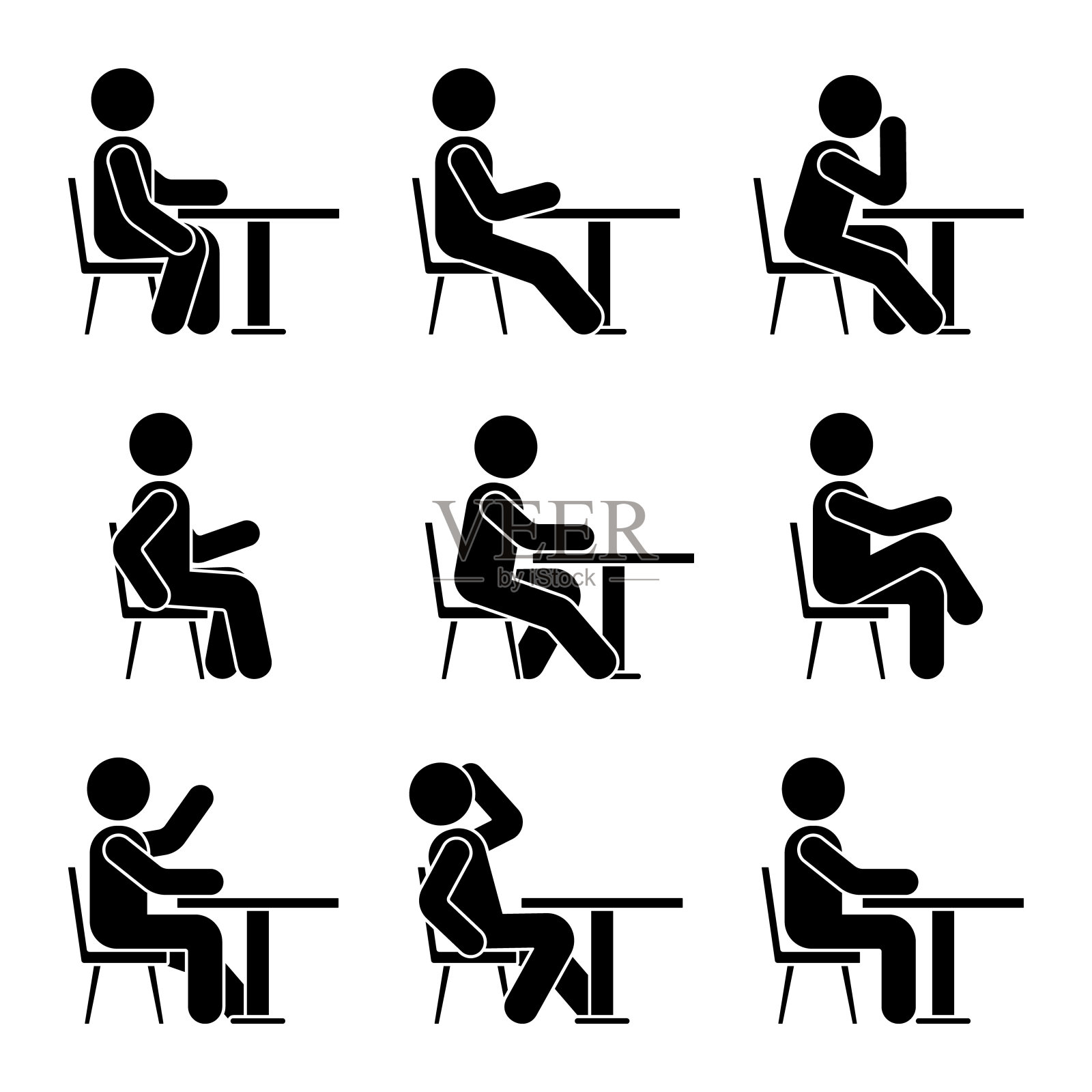 坐在桌子旁的椅子上，木棍人物，男子，侧视姿势，象形矢量图标设置。男孩剪影坐在快乐，舒适，悲伤，疲倦的标志上白色的背景插画图片素材