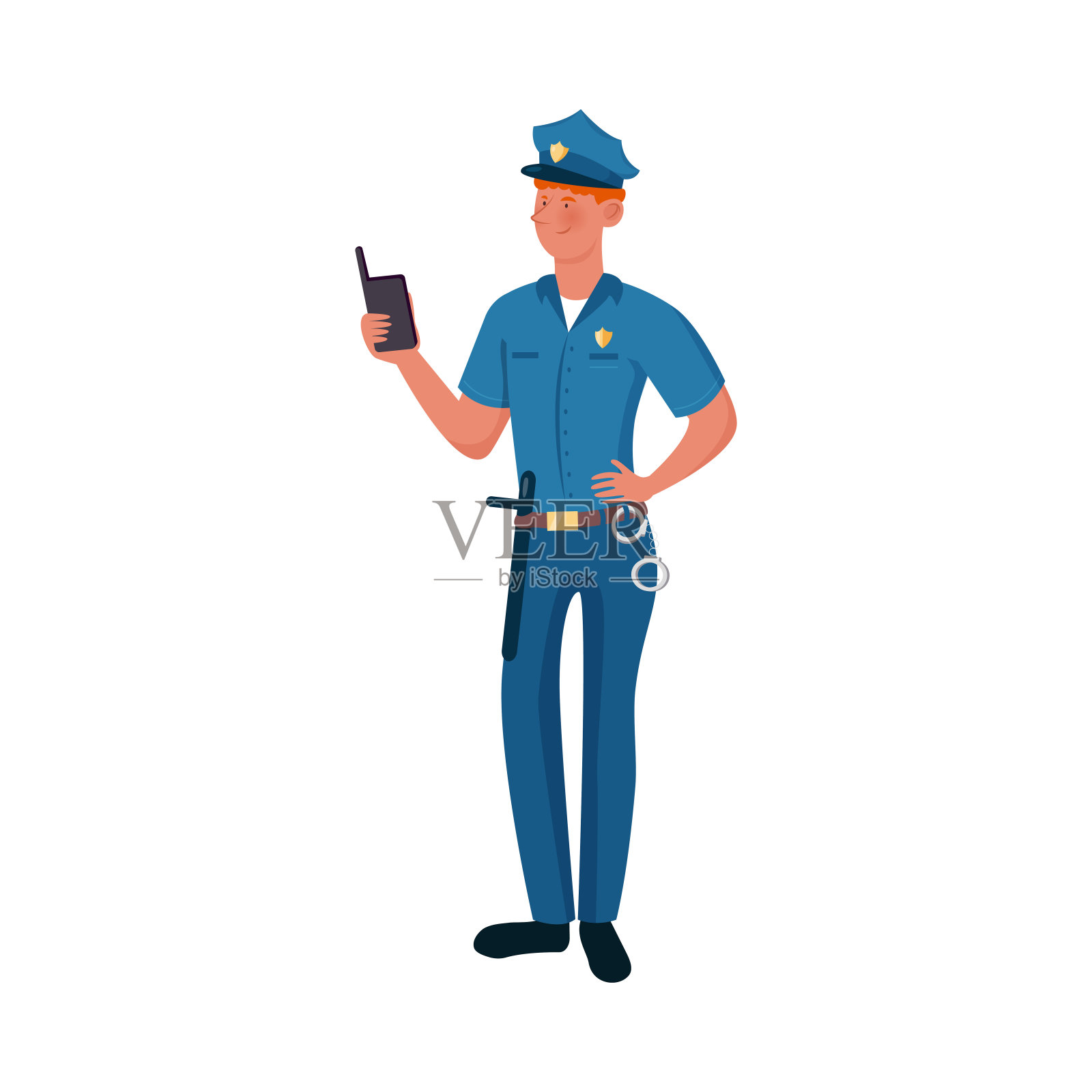 身穿蓝色制服的警察拿着对讲机站着。矢量插图孤立在白色背景插画图片素材